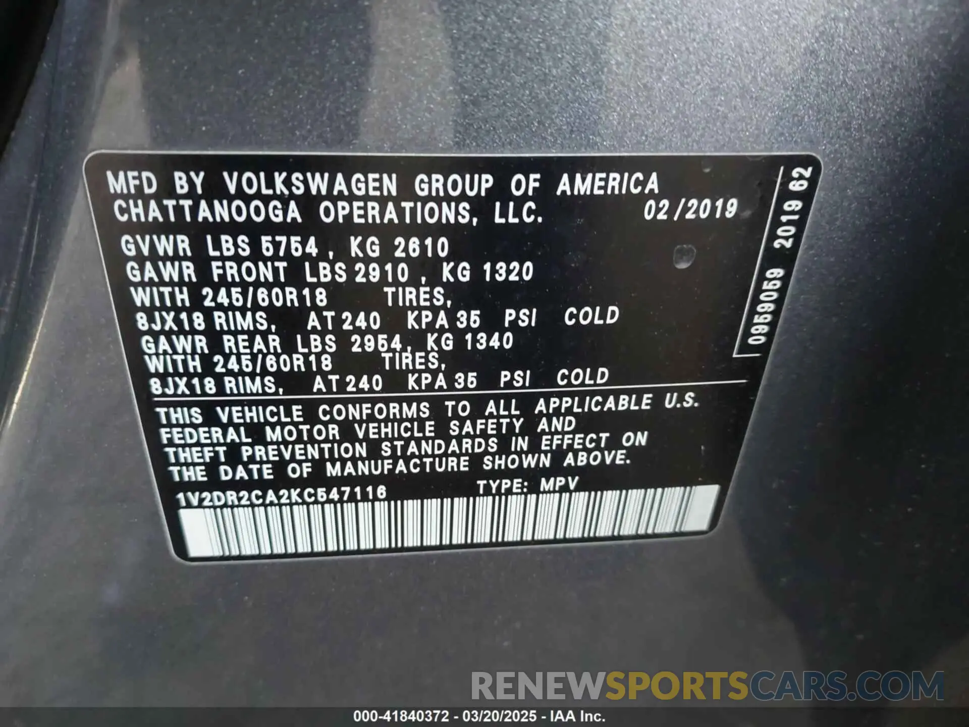 9 Photograph of a damaged car 1V2DR2CA2KC547116 VOLKSWAGEN ATLAS 2019