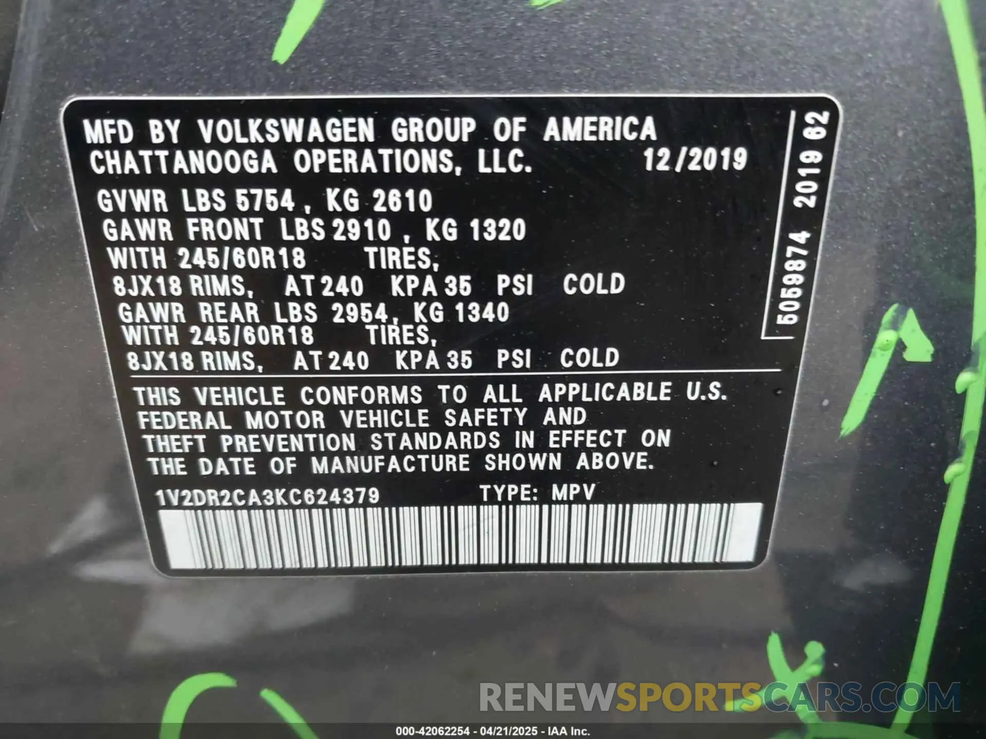 9 Фотография поврежденного автомобиля 1V2DR2CA3KC624379 VOLKSWAGEN ATLAS 2019