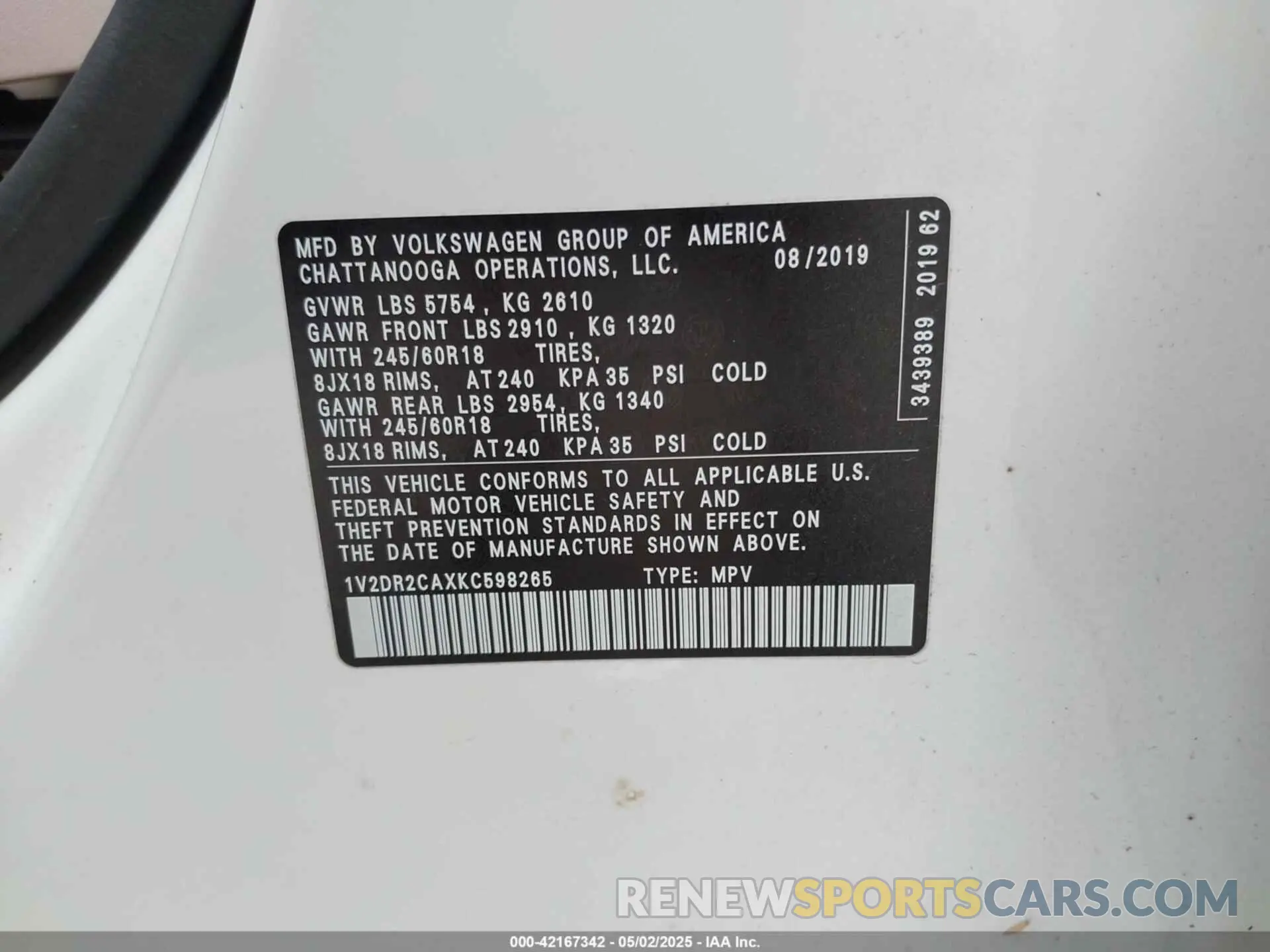 9 Photograph of a damaged car 1V2DR2CAXKC598265 VOLKSWAGEN ATLAS 2019