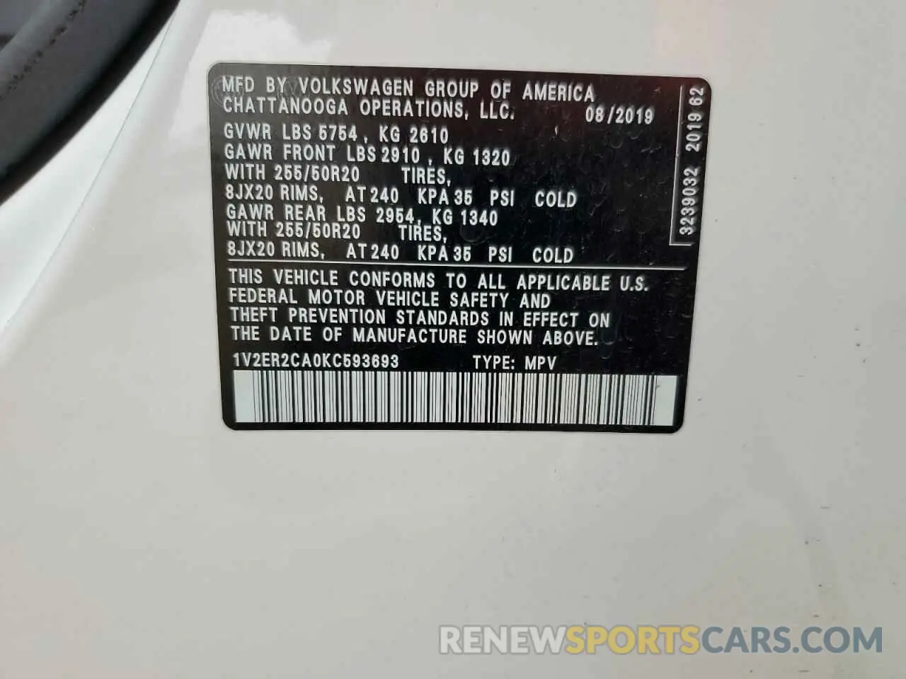 13 Фотография поврежденного автомобиля 1V2ER2CA0KC593693 VOLKSWAGEN ATLAS 2019