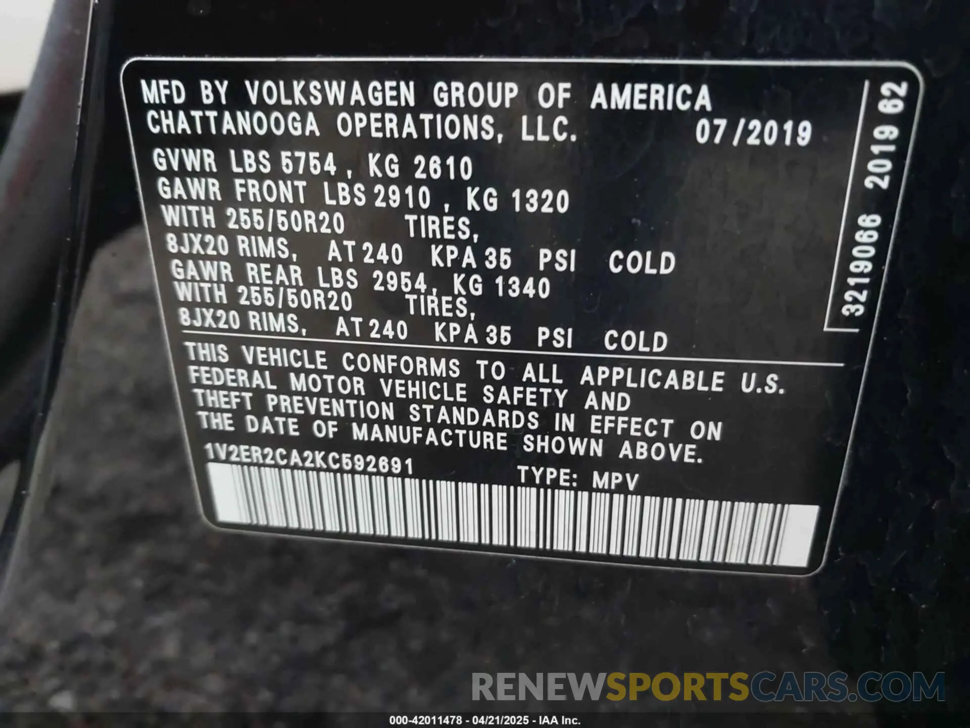 9 Фотография поврежденного автомобиля 1V2ER2CA2KC592691 VOLKSWAGEN ATLAS 2019