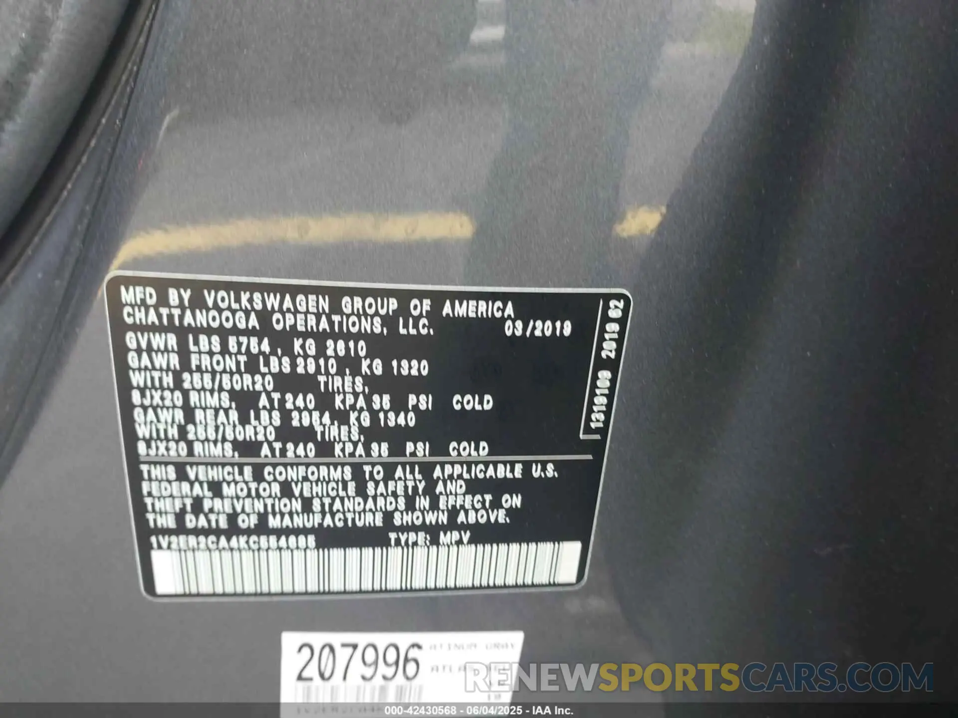 9 Фотография поврежденного автомобиля 1V2ER2CA4KC554685 VOLKSWAGEN ATLAS 2019