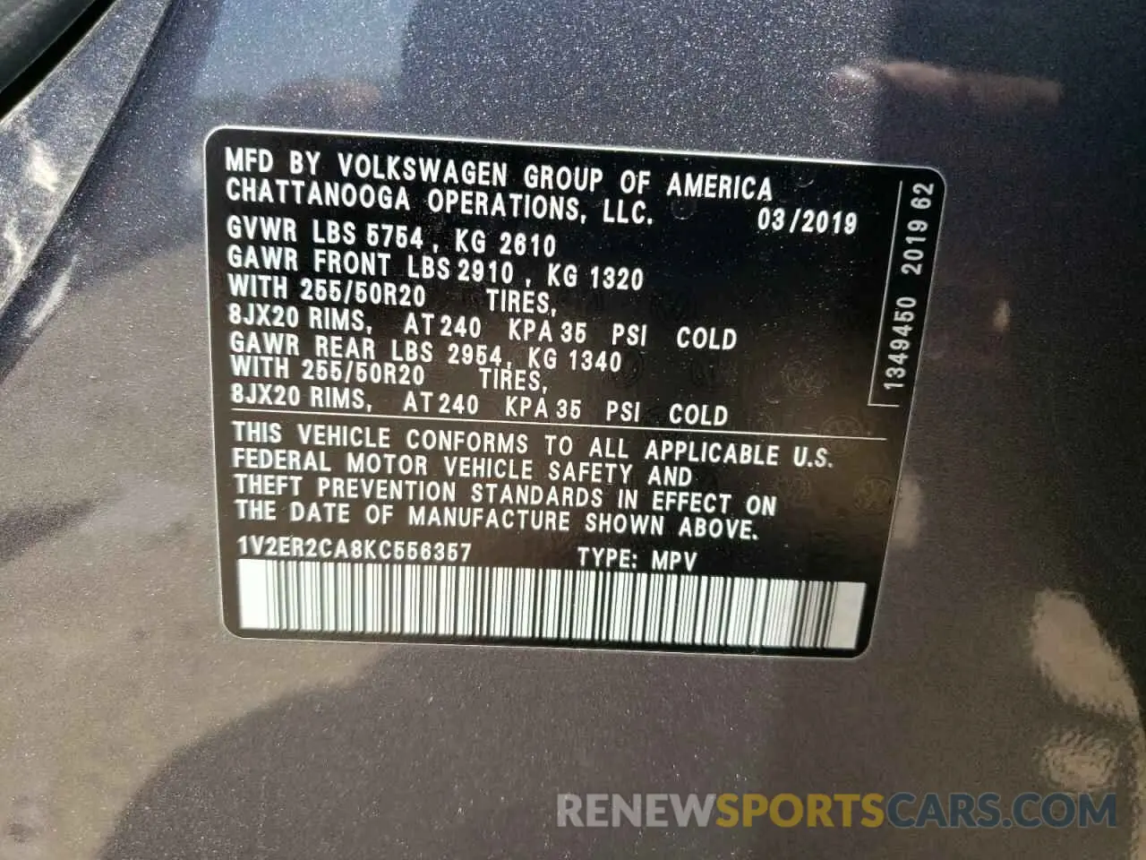 13 Photograph of a damaged car 1V2ER2CA8KC556357 VOLKSWAGEN ATLAS 2019