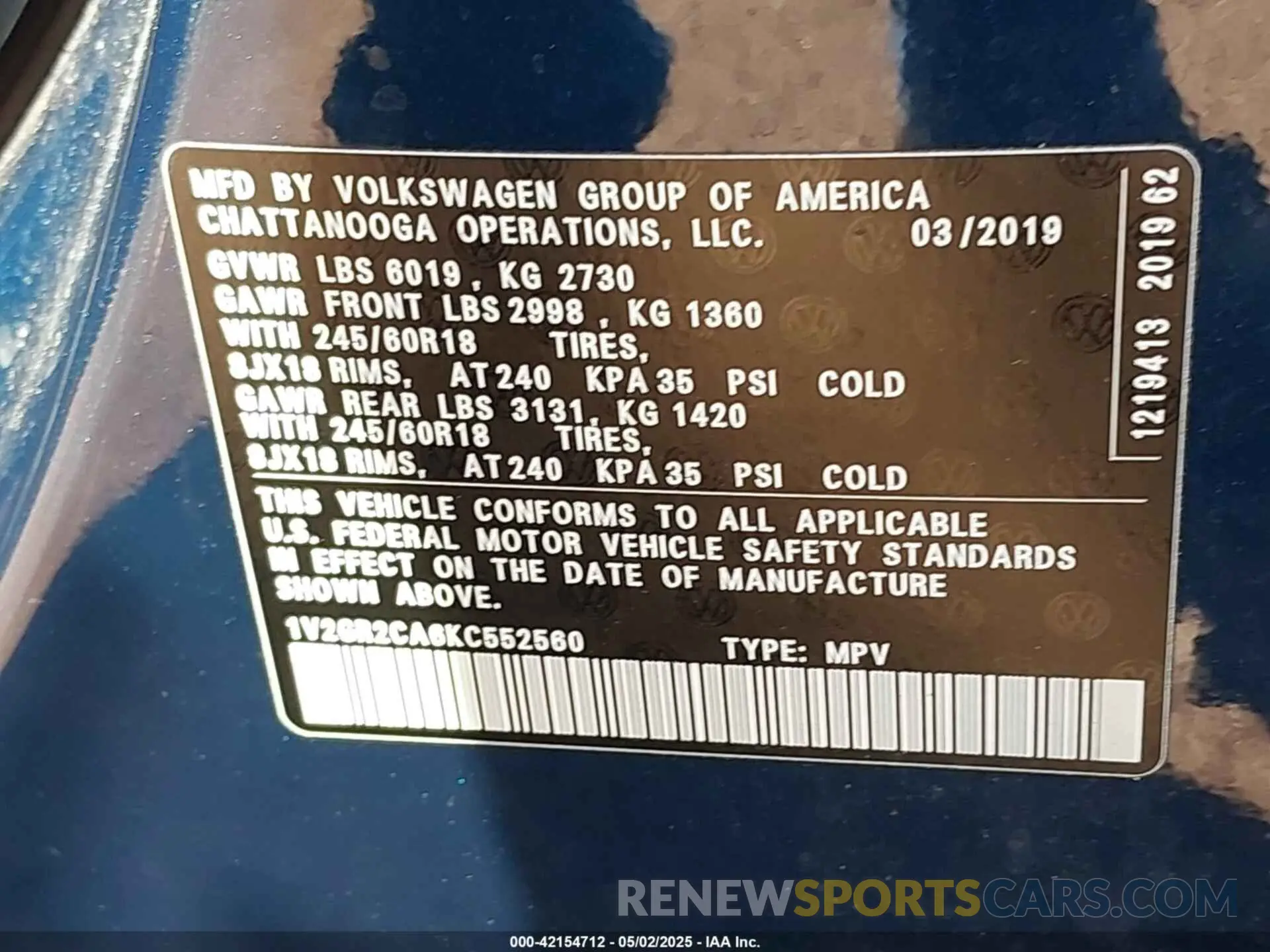 9 Photograph of a damaged car 1V2GR2CA6KC552560 VOLKSWAGEN ATLAS 2019