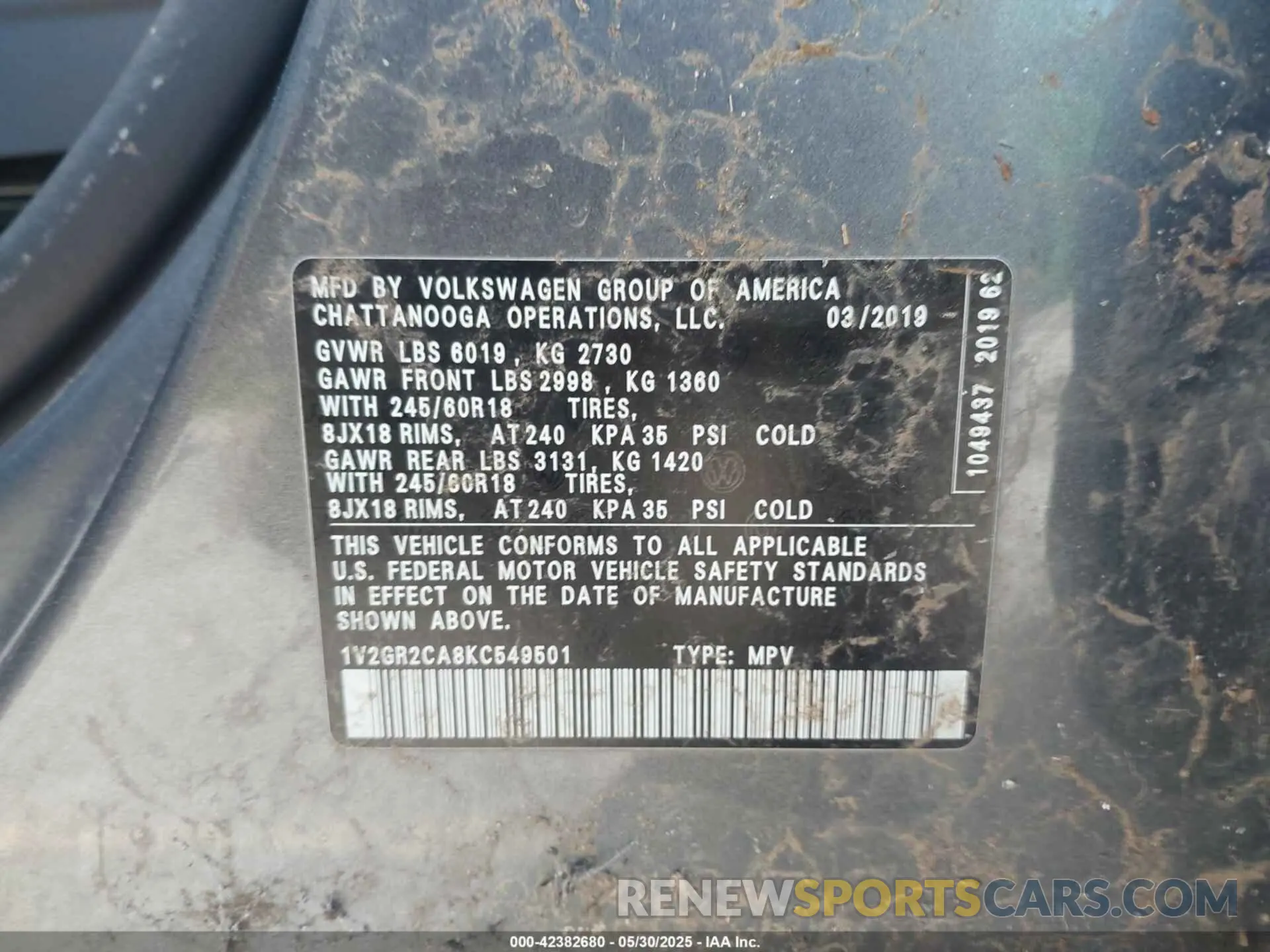 9 Фотография поврежденного автомобиля 1V2GR2CA8KC549501 VOLKSWAGEN ATLAS 2019