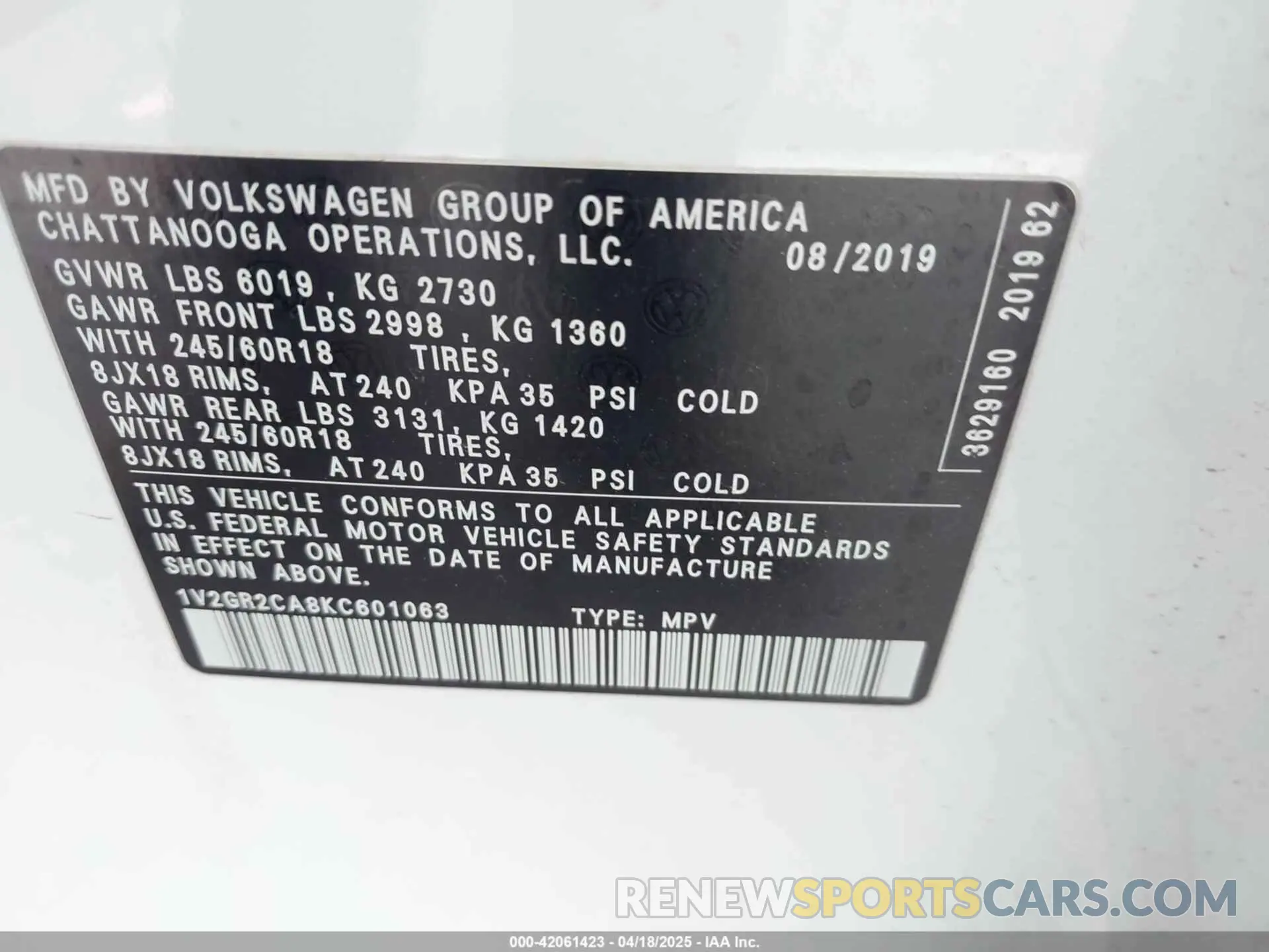 9 Photograph of a damaged car 1V2GR2CA8KC601063 VOLKSWAGEN ATLAS 2019
