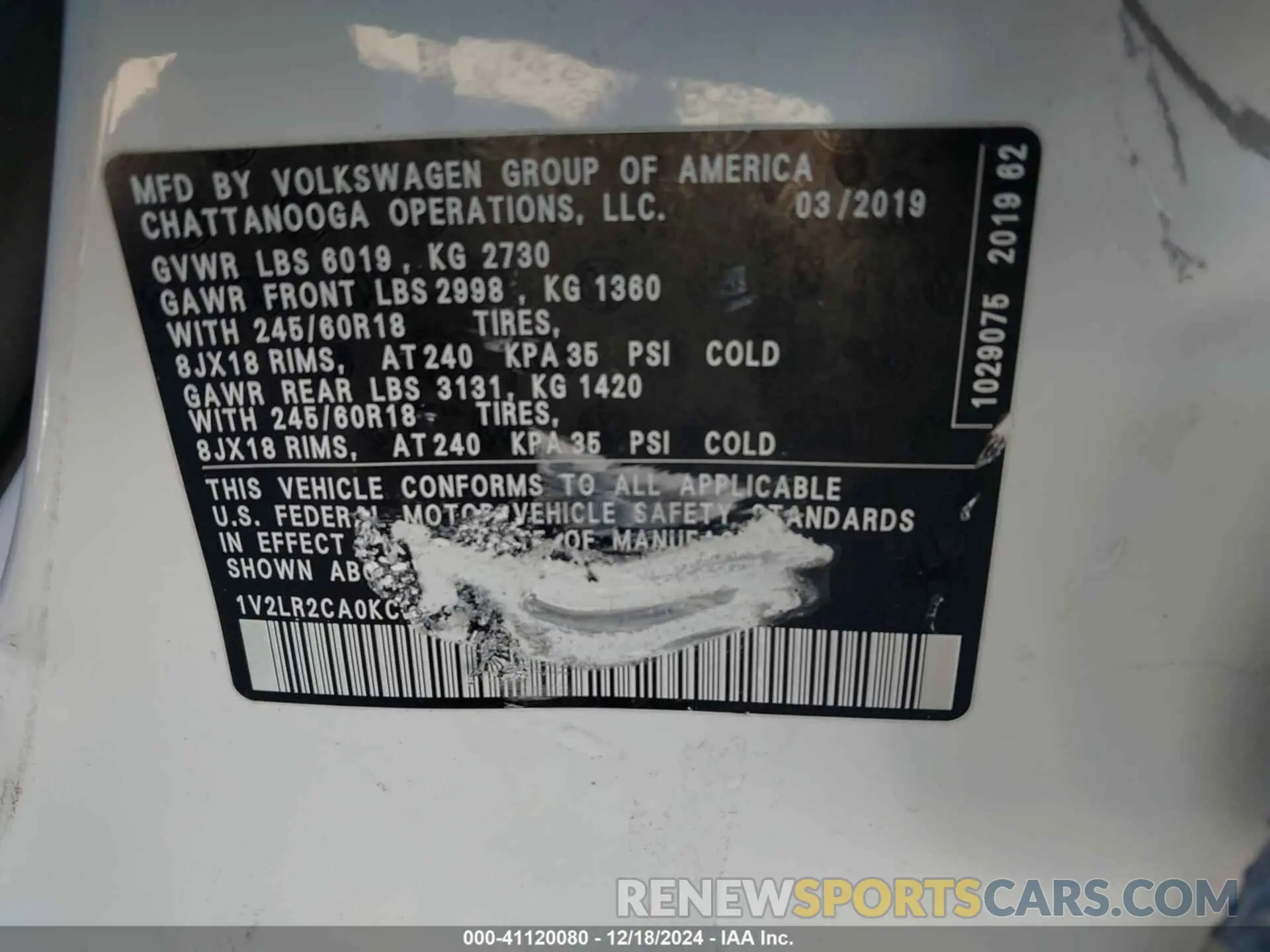 9 Фотография поврежденного автомобиля 1V2LR2CA0KC548163 VOLKSWAGEN ATLAS 2019