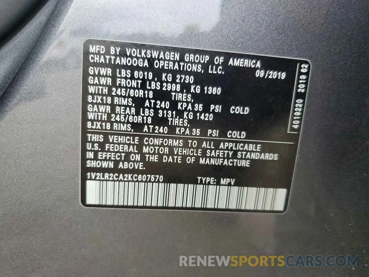 12 Photograph of a damaged car 1V2LR2CA2KC607570 VOLKSWAGEN ATLAS 2019