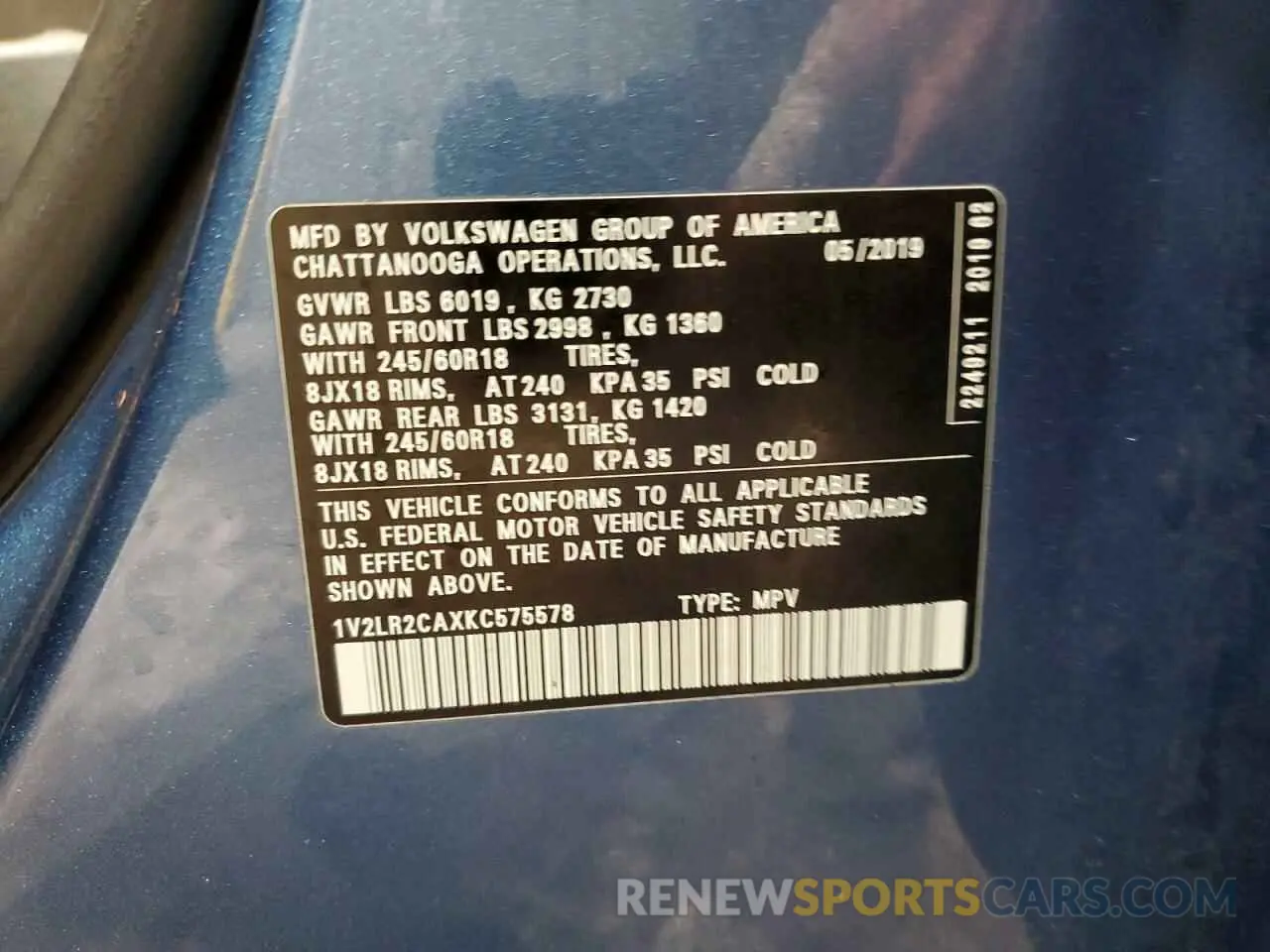 13 Photograph of a damaged car 1V2LR2CAXKC575578 VOLKSWAGEN ATLAS 2019