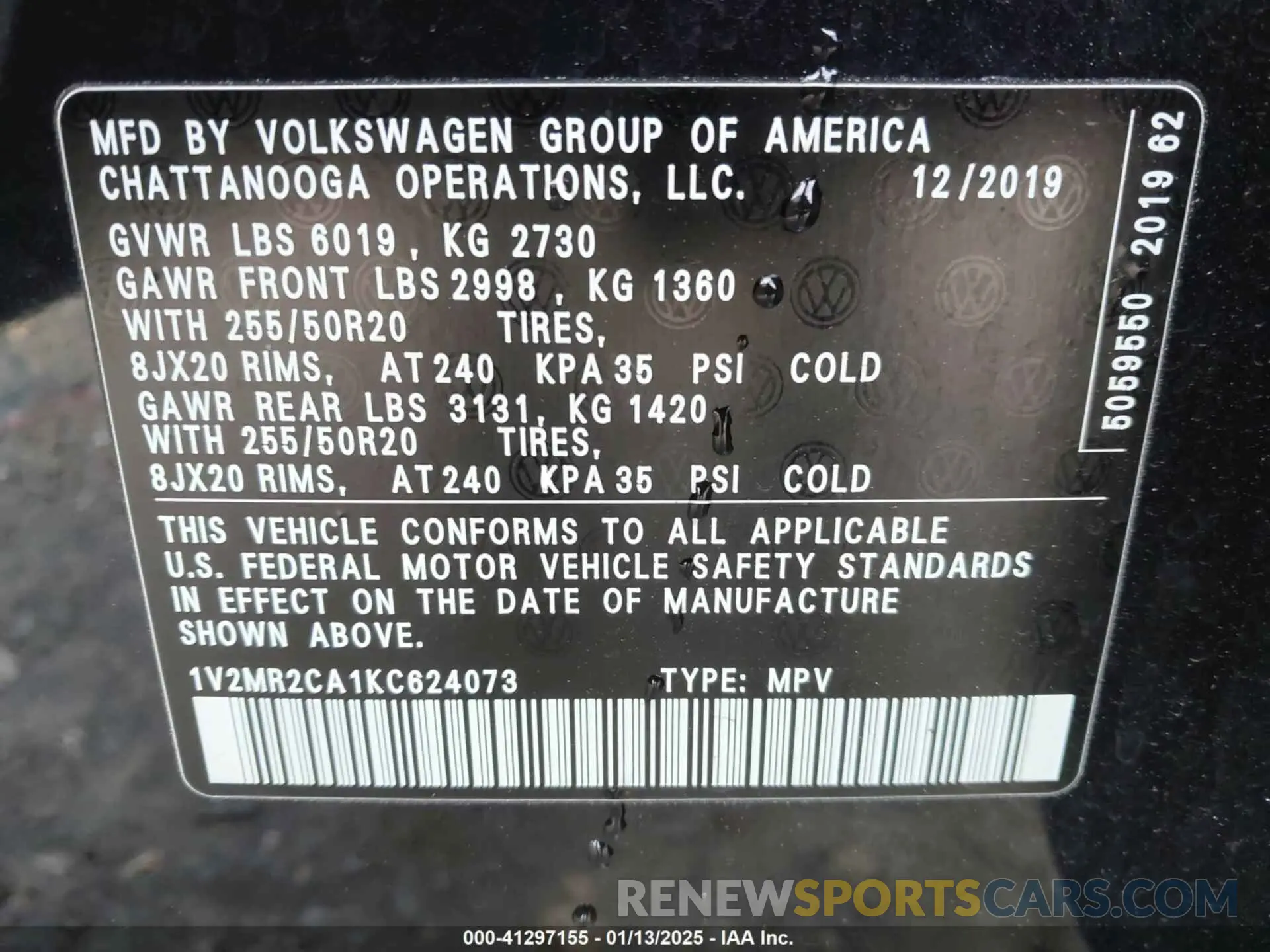 9 Photograph of a damaged car 1V2MR2CA1KC624073 VOLKSWAGEN ATLAS 2019