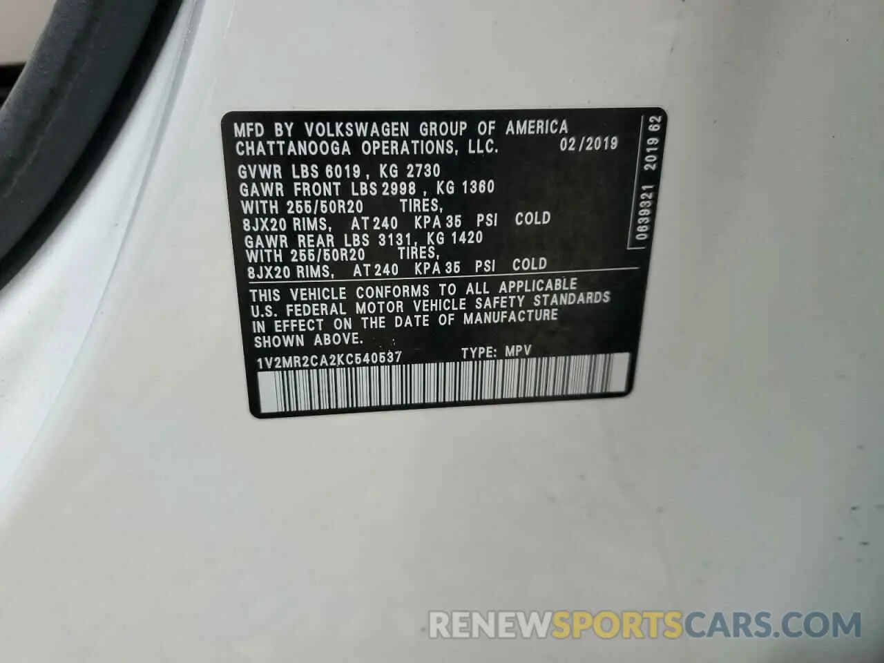 13 Фотография поврежденного автомобиля 1V2MR2CA2KC540537 VOLKSWAGEN ATLAS 2019