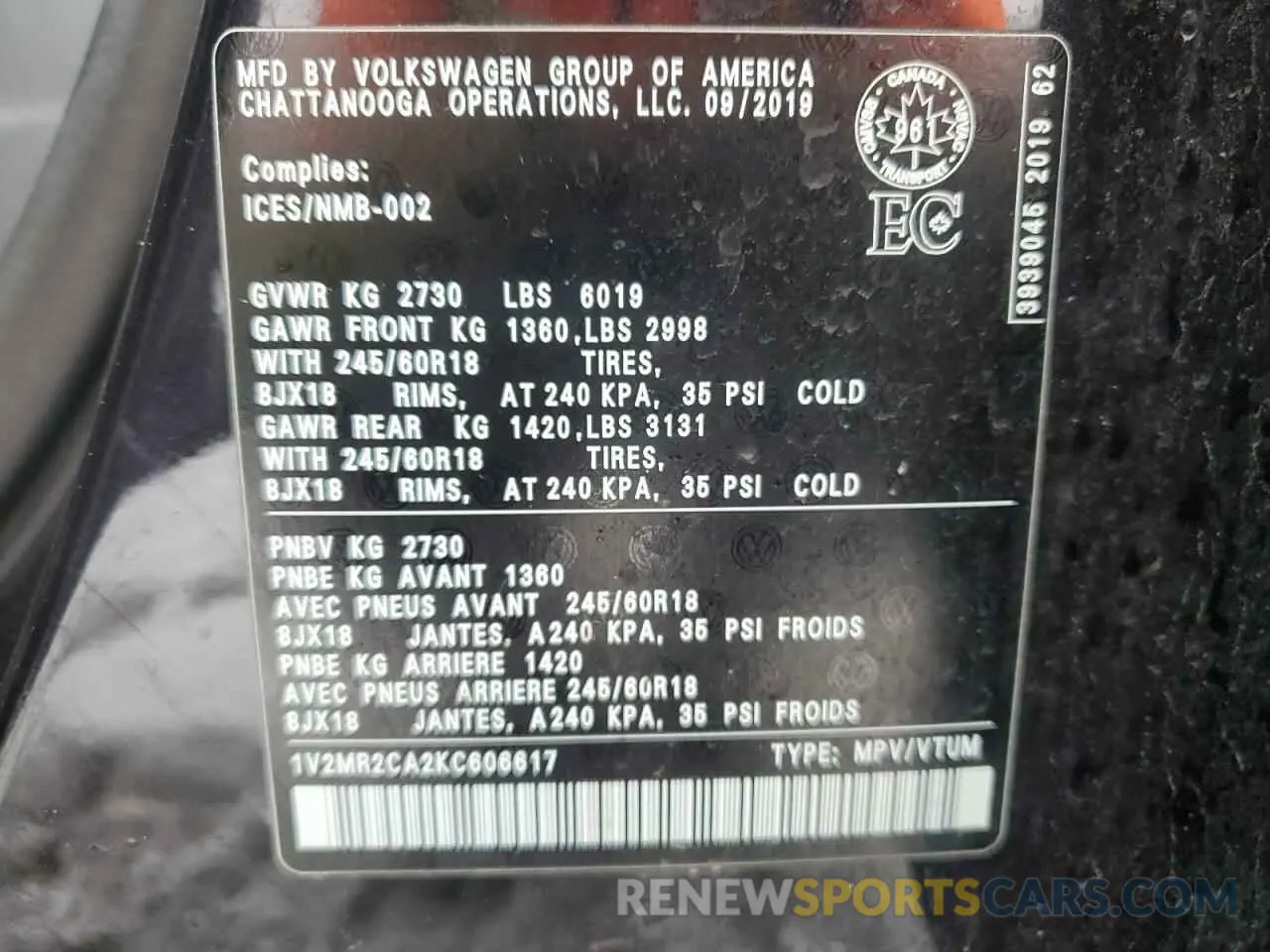 12 Photograph of a damaged car 1V2MR2CA2KC606617 VOLKSWAGEN ATLAS 2019