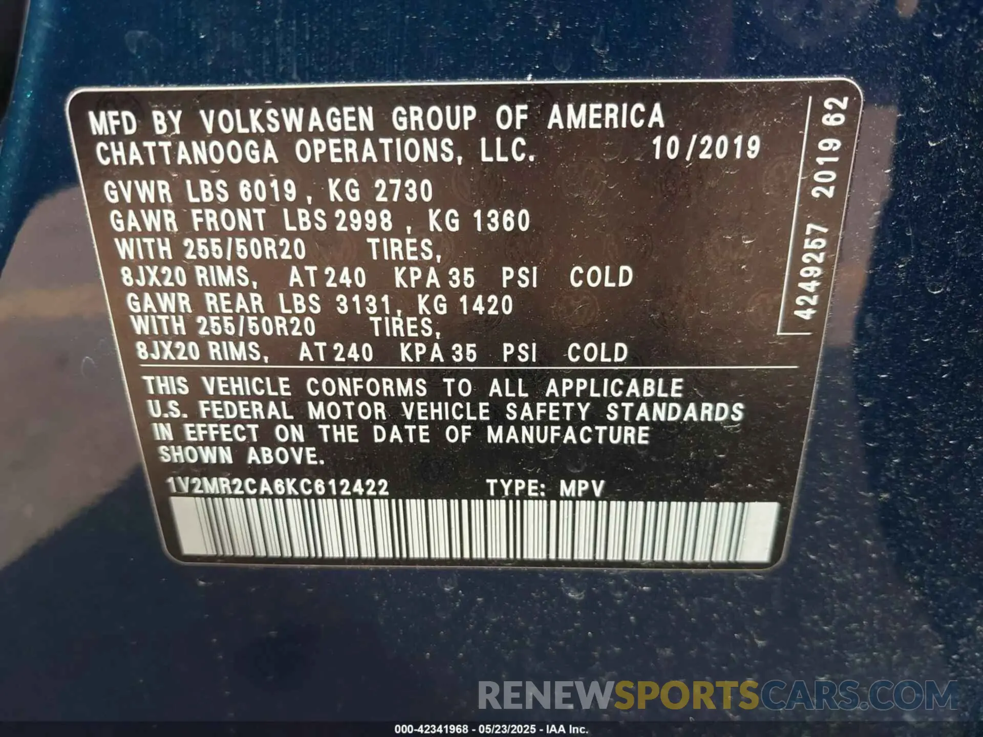 9 Photograph of a damaged car 1V2MR2CA6KC612422 VOLKSWAGEN ATLAS 2019