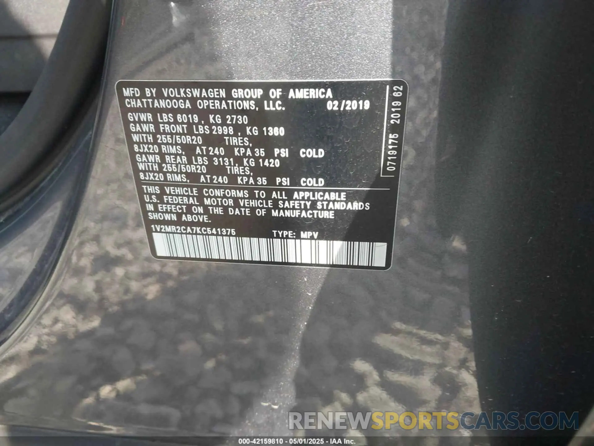 9 Фотография поврежденного автомобиля 1V2MR2CA7KC541375 VOLKSWAGEN ATLAS 2019