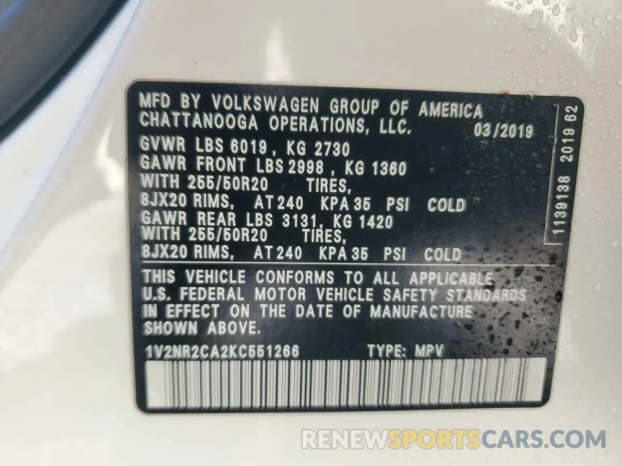 13 Photograph of a damaged car 1V2NR2CA2KC551266 VOLKSWAGEN ATLAS 2019