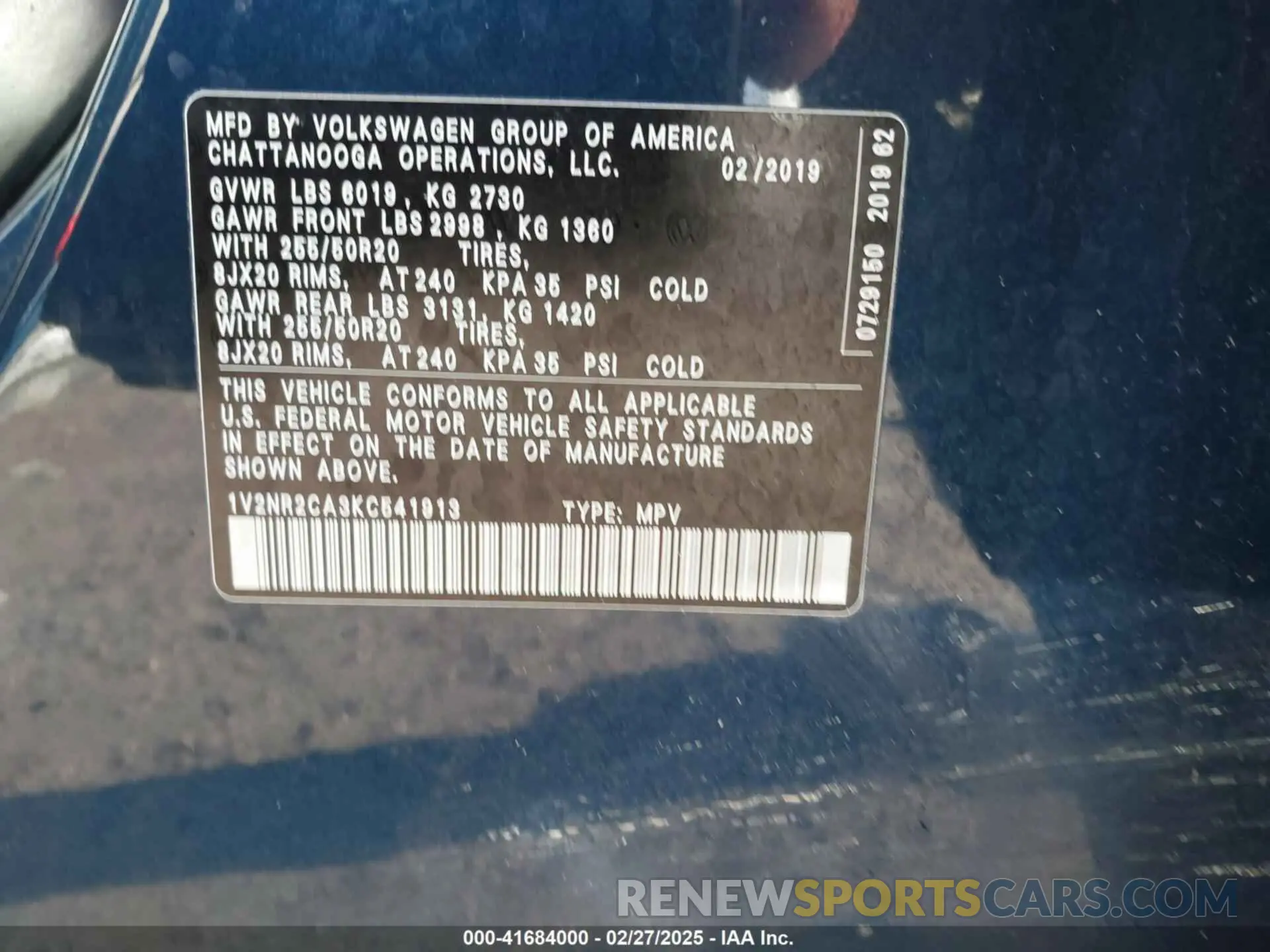 9 Photograph of a damaged car 1V2NR2CA3KC541913 VOLKSWAGEN ATLAS 2019