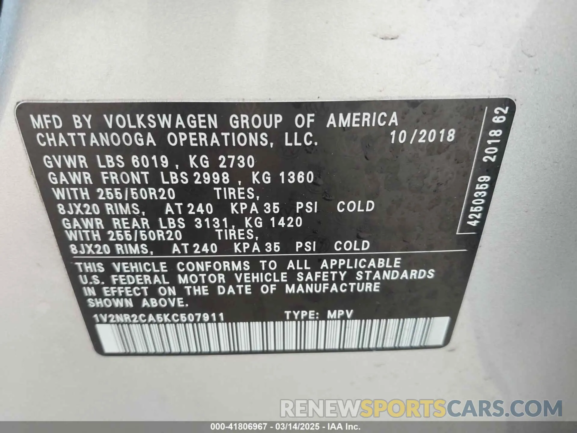 9 Photograph of a damaged car 1V2NR2CA5KC507911 VOLKSWAGEN ATLAS 2019