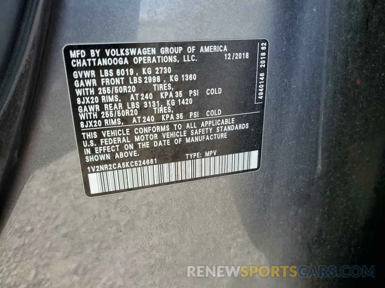 13 Фотография поврежденного автомобиля 1V2NR2CA5KC524661 VOLKSWAGEN ATLAS 2019