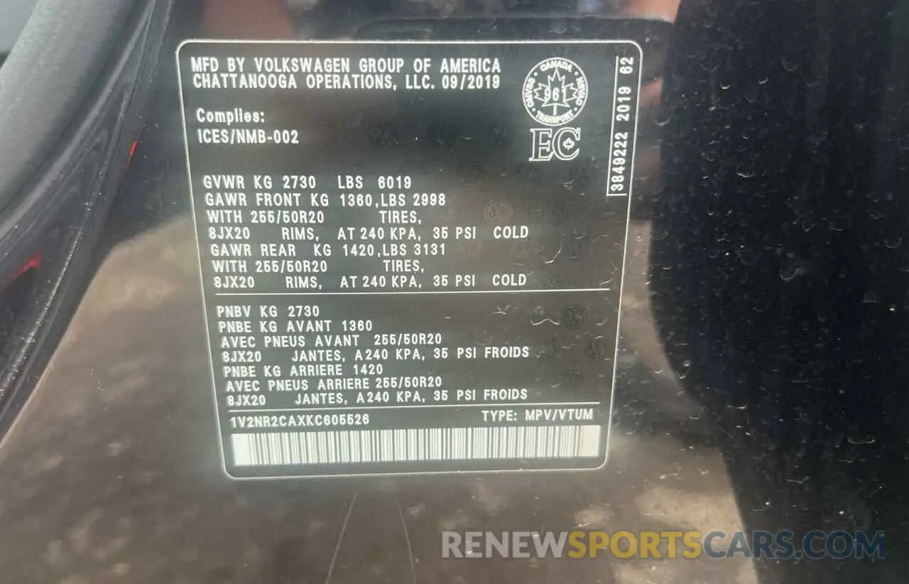 10 Photograph of a damaged car 1V2NR2CAXKC605526 VOLKSWAGEN ATLAS 2019