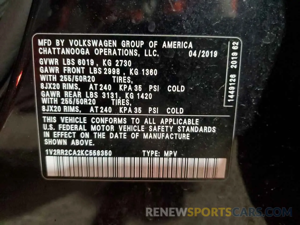 13 Photograph of a damaged car 1V2RR2CA2KC558350 VOLKSWAGEN ATLAS 2019