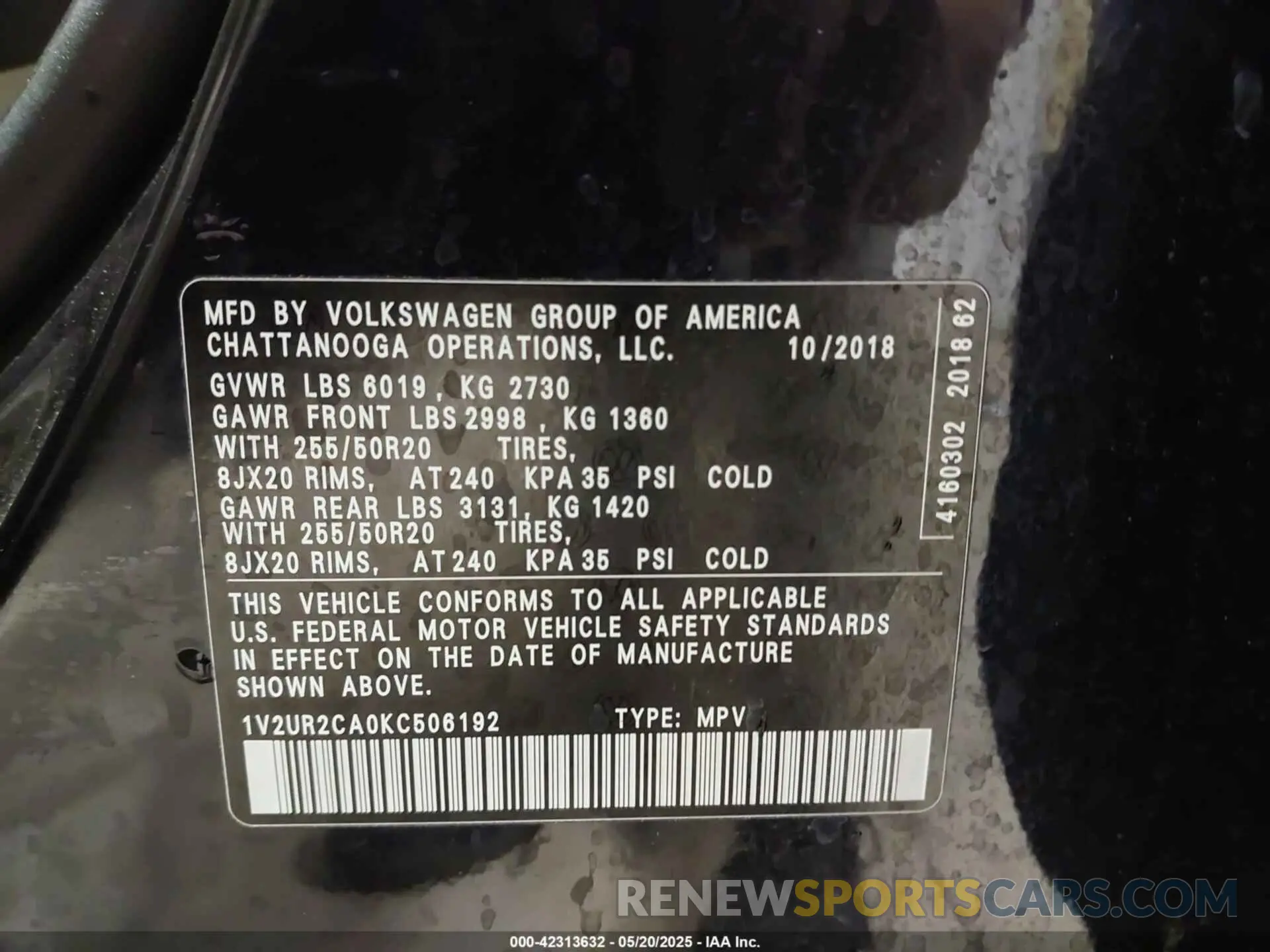 9 Фотография поврежденного автомобиля 1V2UR2CA0KC506192 VOLKSWAGEN ATLAS 2019