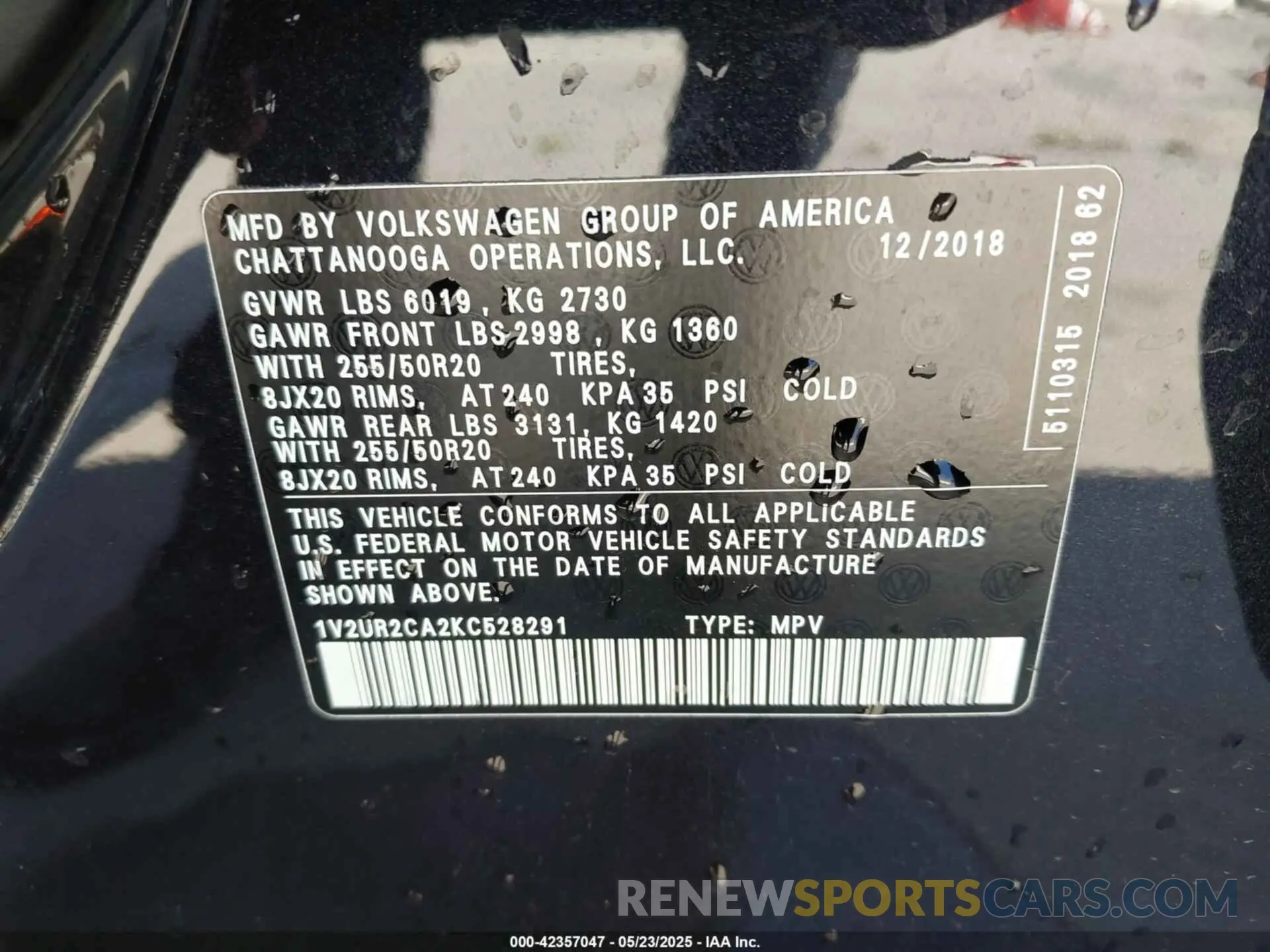 9 Фотография поврежденного автомобиля 1V2UR2CA2KC528291 VOLKSWAGEN ATLAS 2019