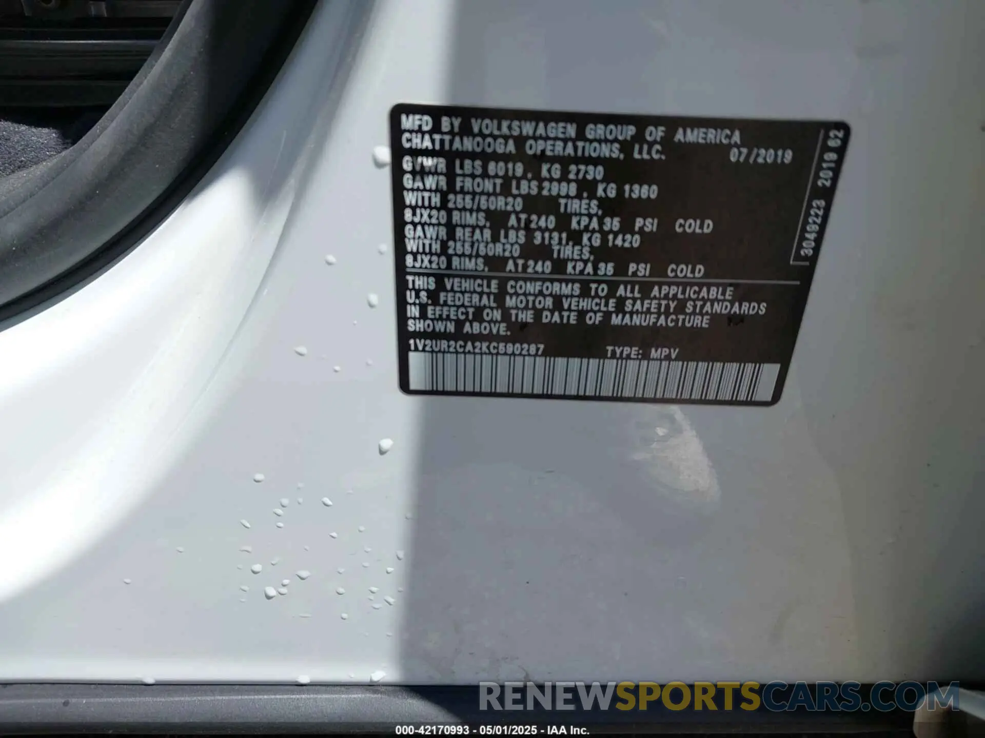 9 Фотография поврежденного автомобиля 1V2UR2CA2KC590287 VOLKSWAGEN ATLAS 2019