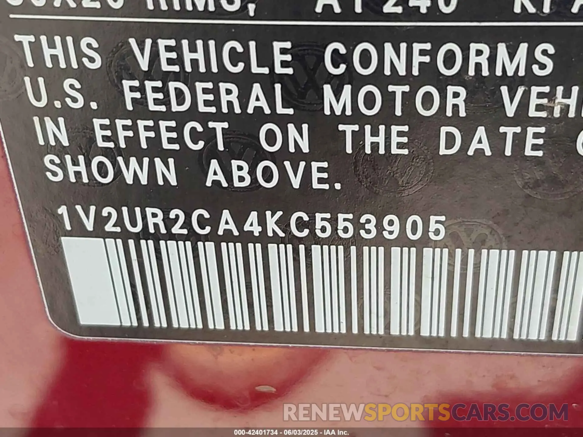 9 Photograph of a damaged car 1V2UR2CA4KC553905 VOLKSWAGEN ATLAS 2019