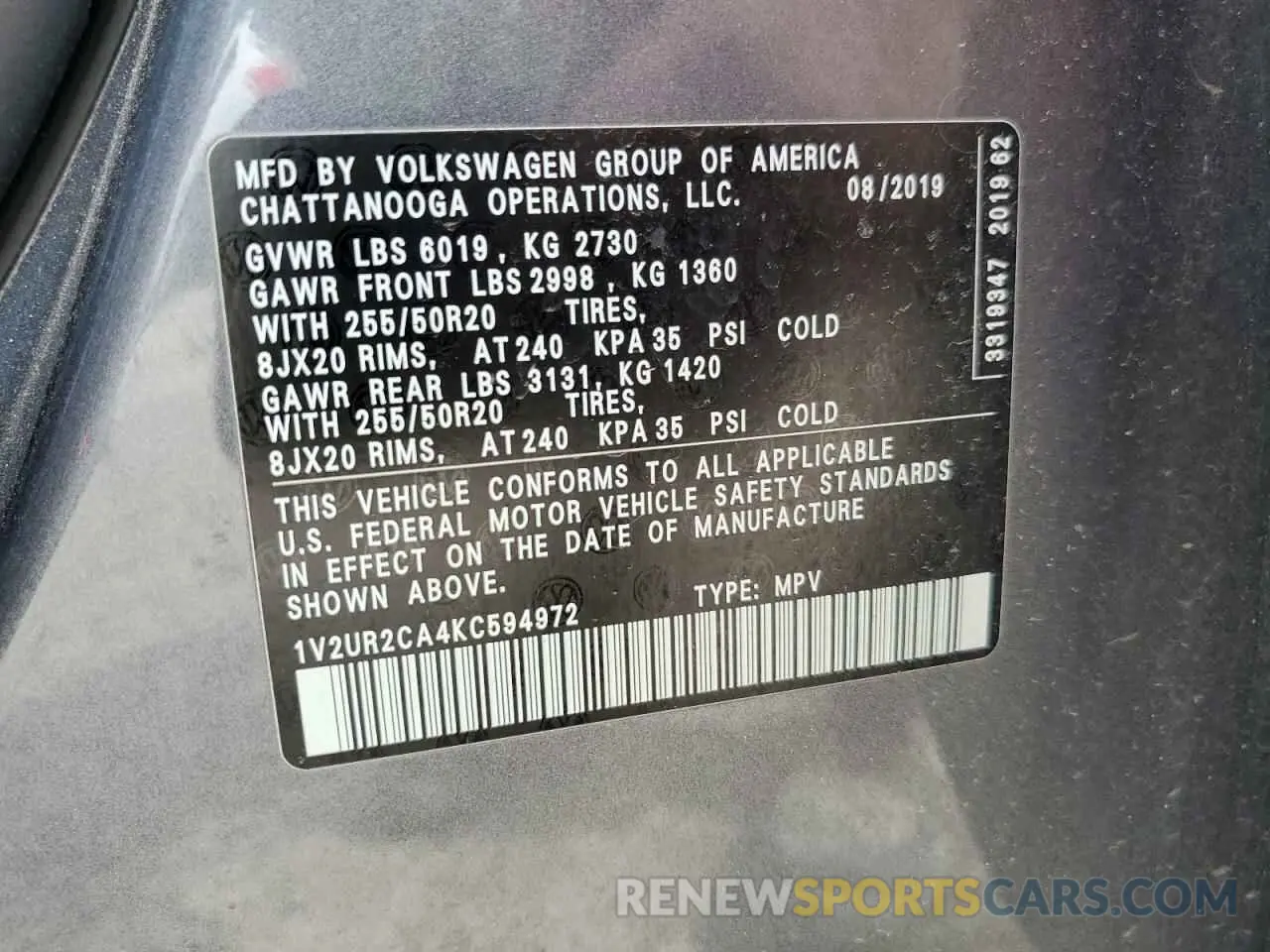 13 Фотография поврежденного автомобиля 1V2UR2CA4KC594972 VOLKSWAGEN ATLAS 2019