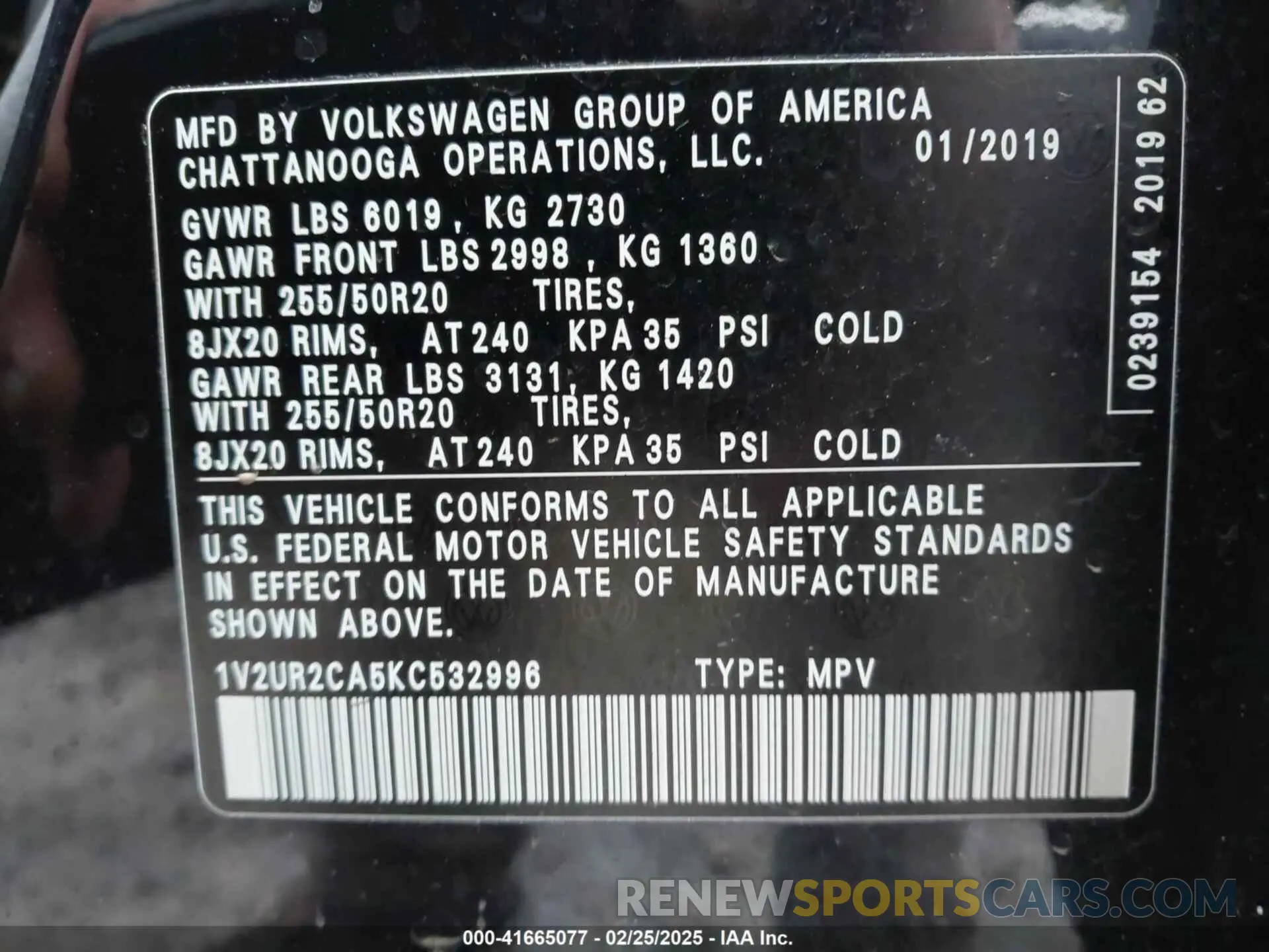 9 Photograph of a damaged car 1V2UR2CA5KC532996 VOLKSWAGEN ATLAS 2019