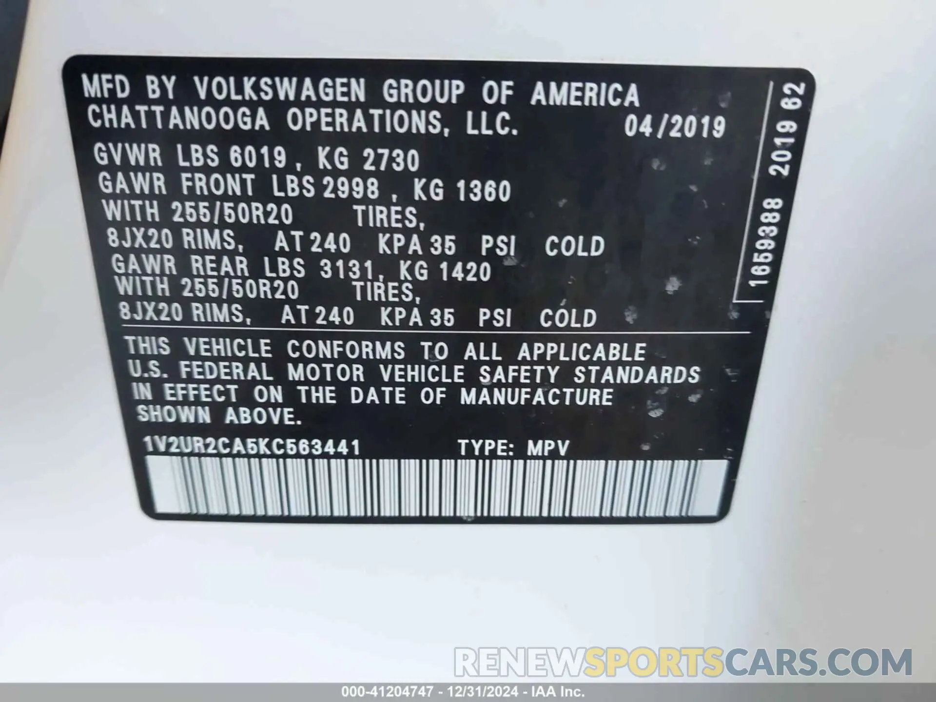 9 Фотография поврежденного автомобиля 1V2UR2CA5KC563441 VOLKSWAGEN ATLAS 2019