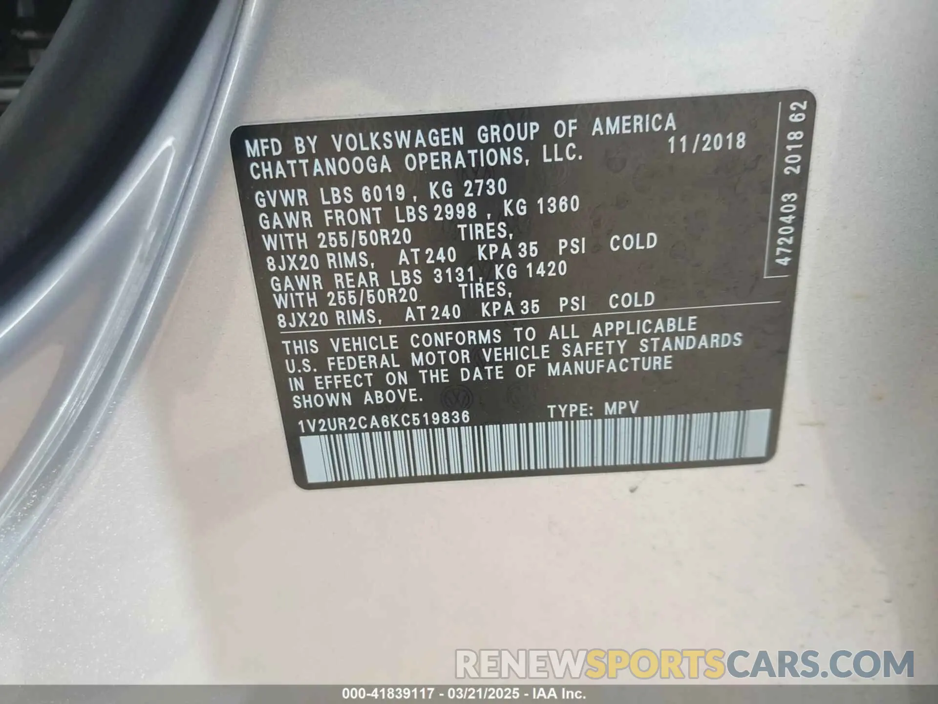 9 Фотография поврежденного автомобиля 1V2UR2CA6KC519836 VOLKSWAGEN ATLAS 2019
