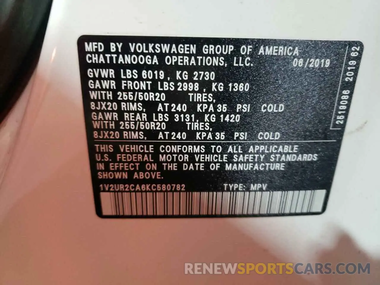 16 Фотография поврежденного автомобиля 1V2UR2CA6KC580782 VOLKSWAGEN ATLAS 2019