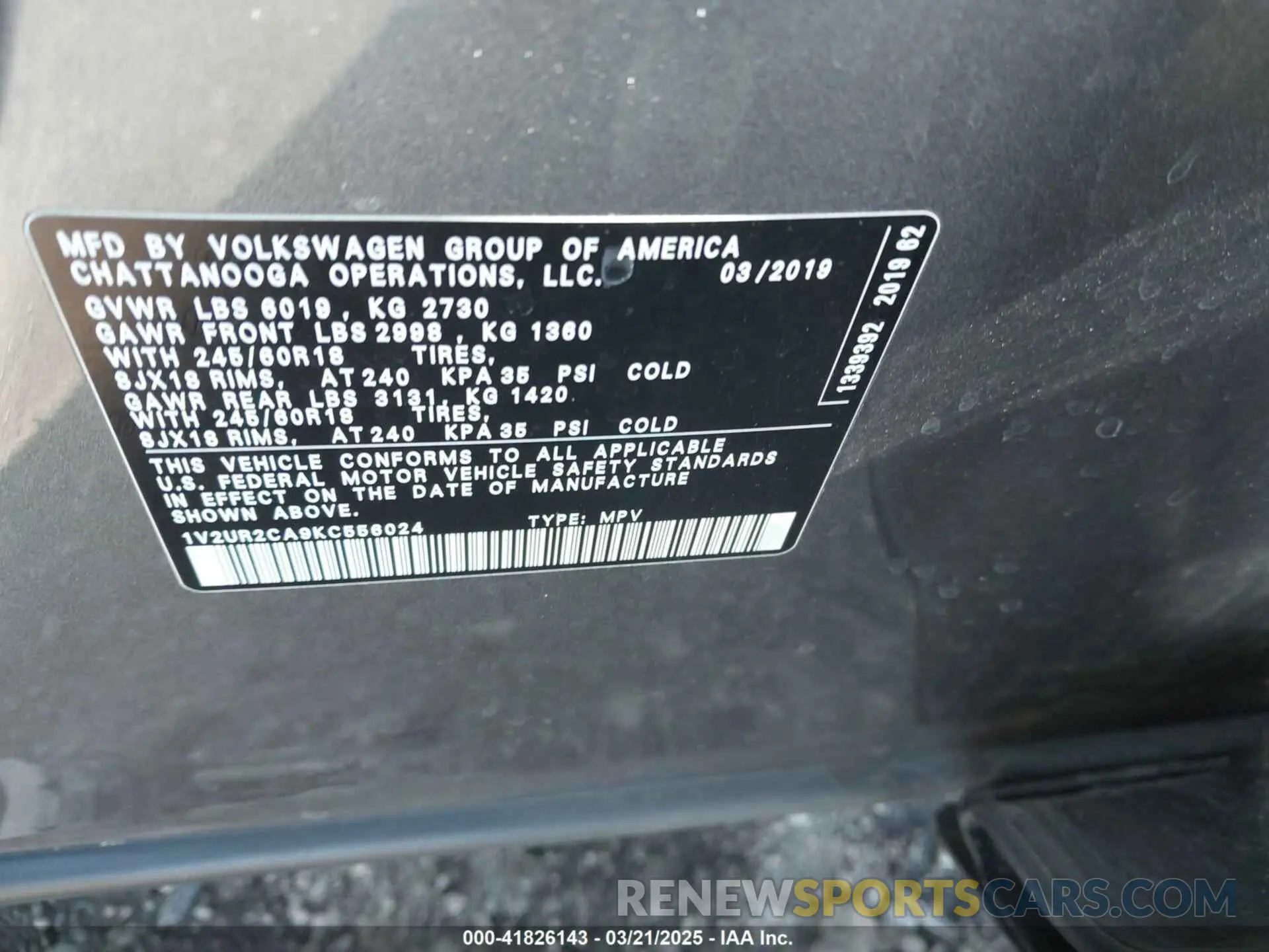 9 Photograph of a damaged car 1V2UR2CA9KC556024 VOLKSWAGEN ATLAS 2019