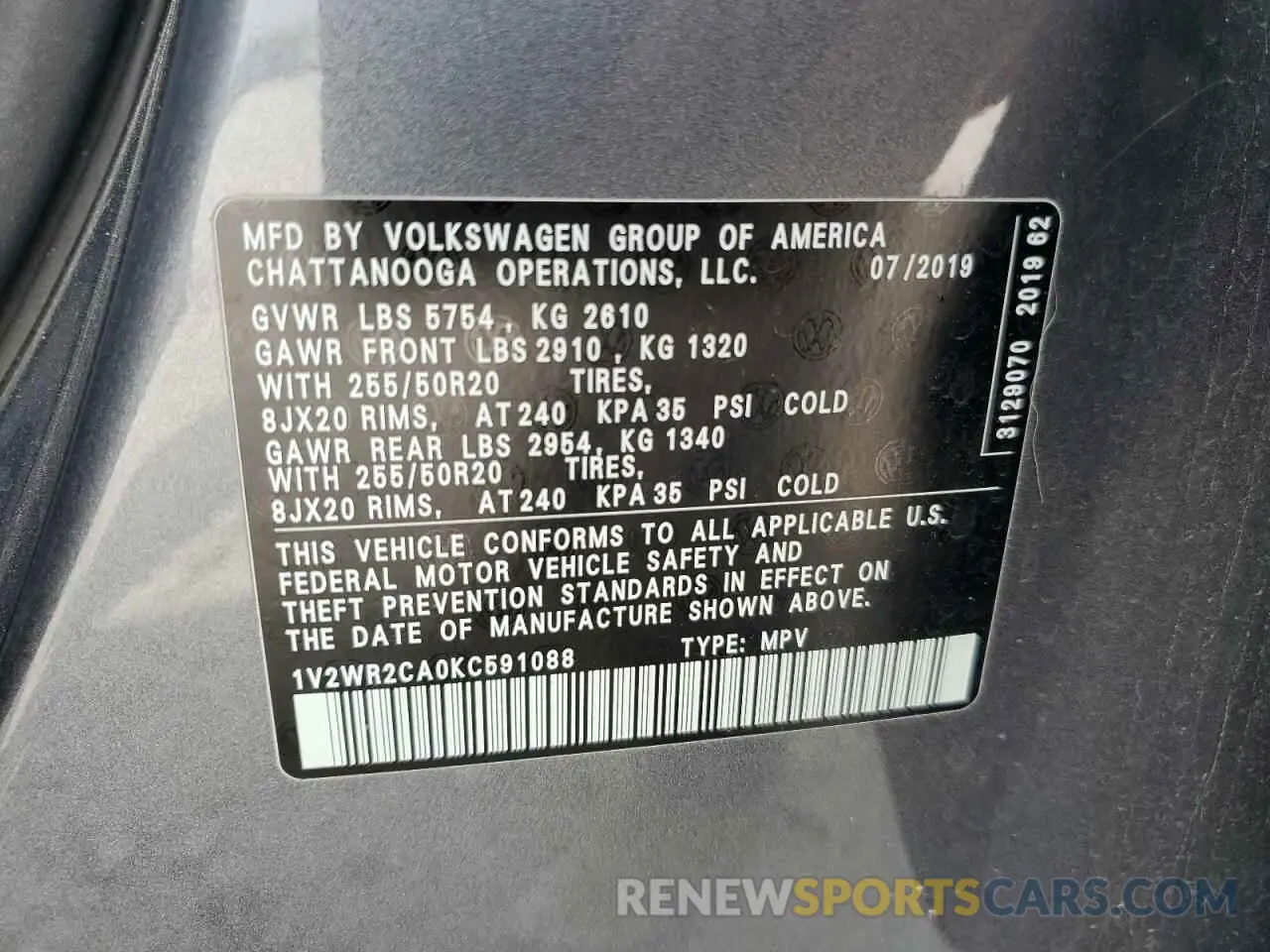 13 Photograph of a damaged car 1V2WR2CA0KC591088 VOLKSWAGEN ATLAS 2019
