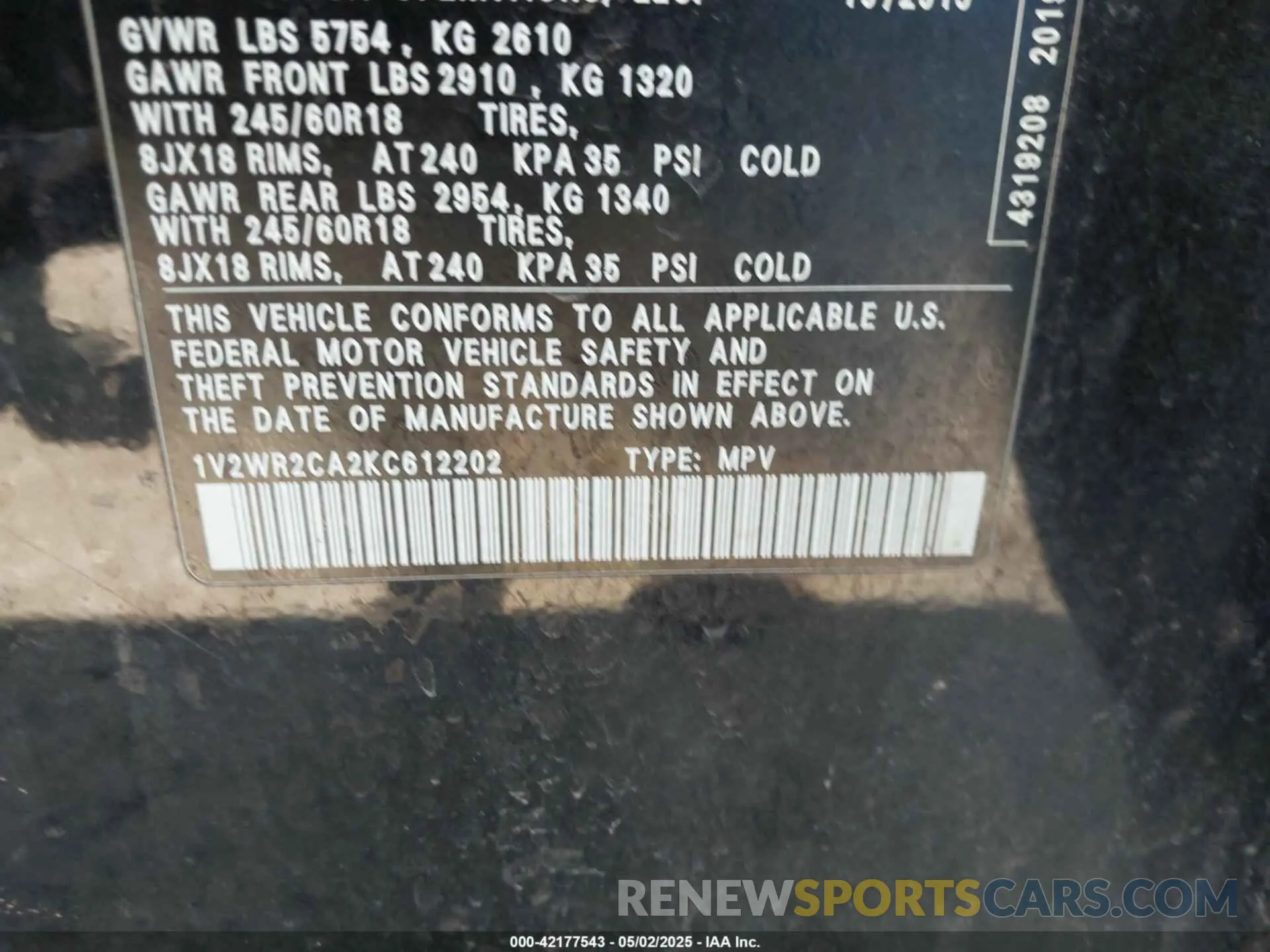 9 Фотография поврежденного автомобиля 1V2WR2CA2KC612202 VOLKSWAGEN ATLAS 2019