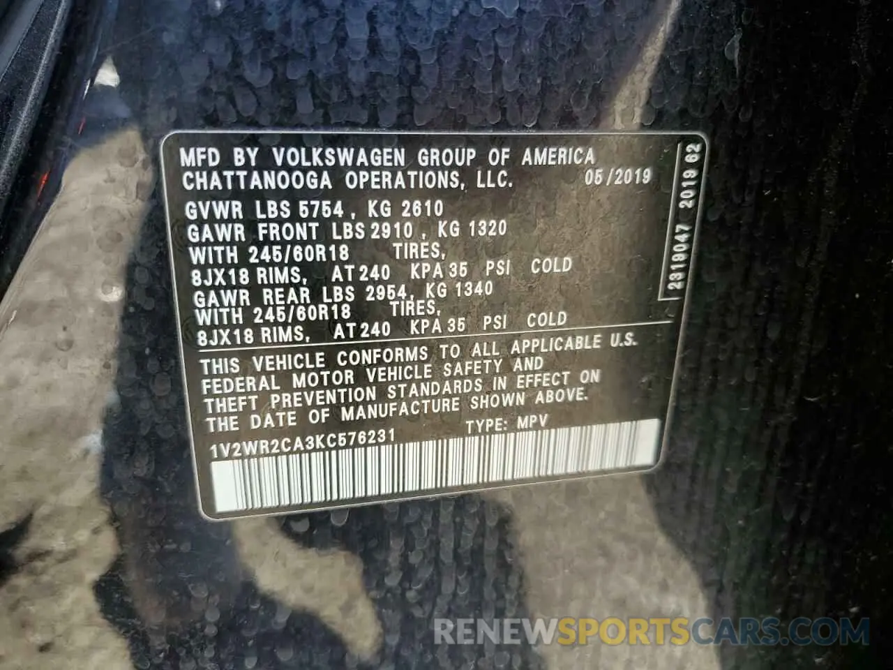 14 Photograph of a damaged car 1V2WR2CA3KC576231 VOLKSWAGEN ATLAS 2019