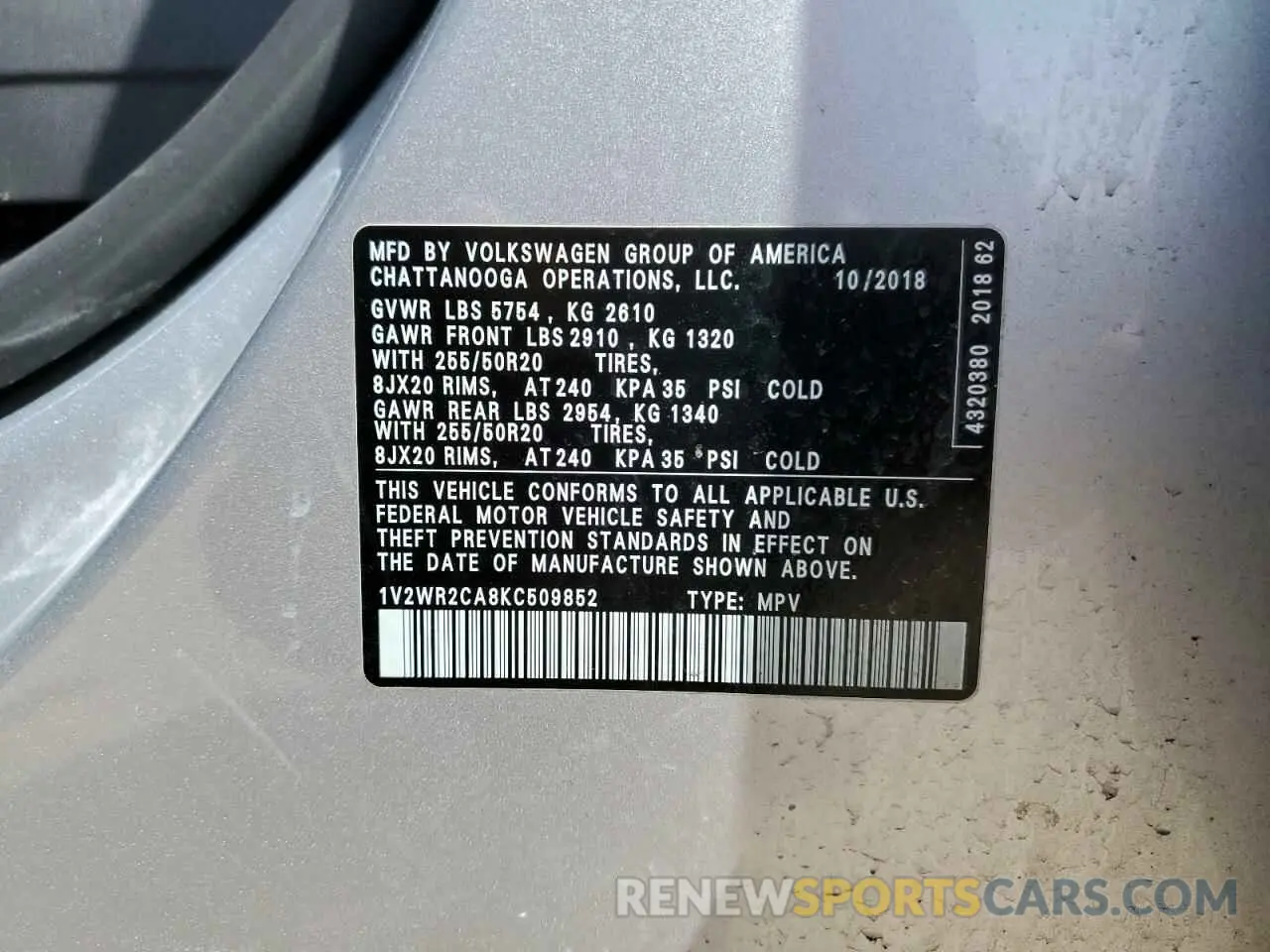 13 Photograph of a damaged car 1V2WR2CA8KC509852 VOLKSWAGEN ATLAS 2019
