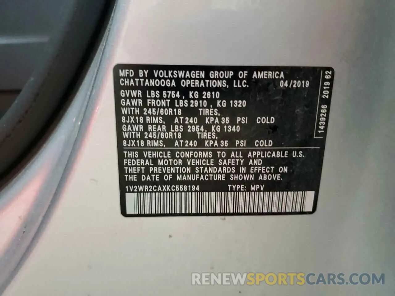 13 Photograph of a damaged car 1V2WR2CAXKC558194 VOLKSWAGEN ATLAS 2019