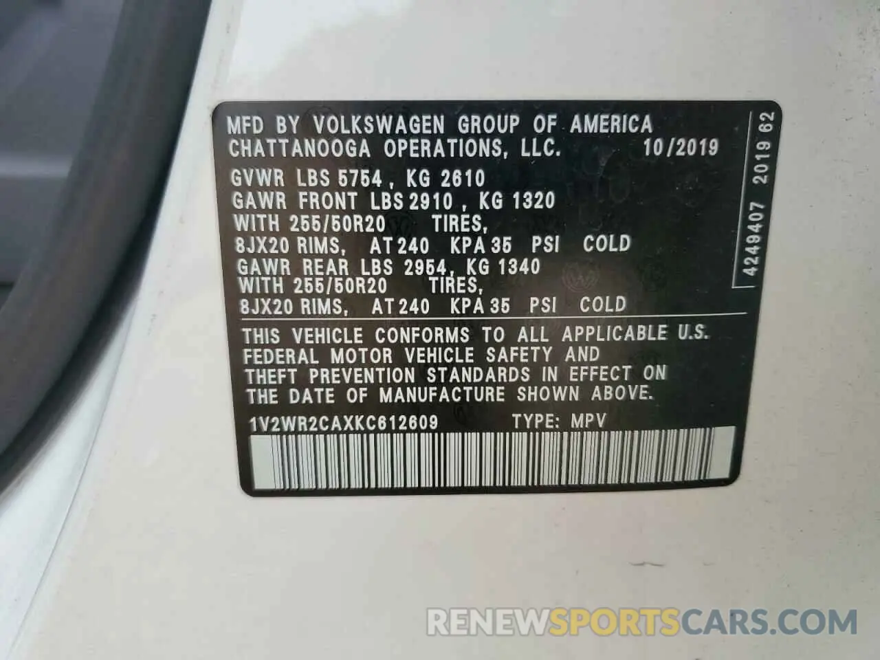 13 Photograph of a damaged car 1V2WR2CAXKC612609 VOLKSWAGEN ATLAS 2019