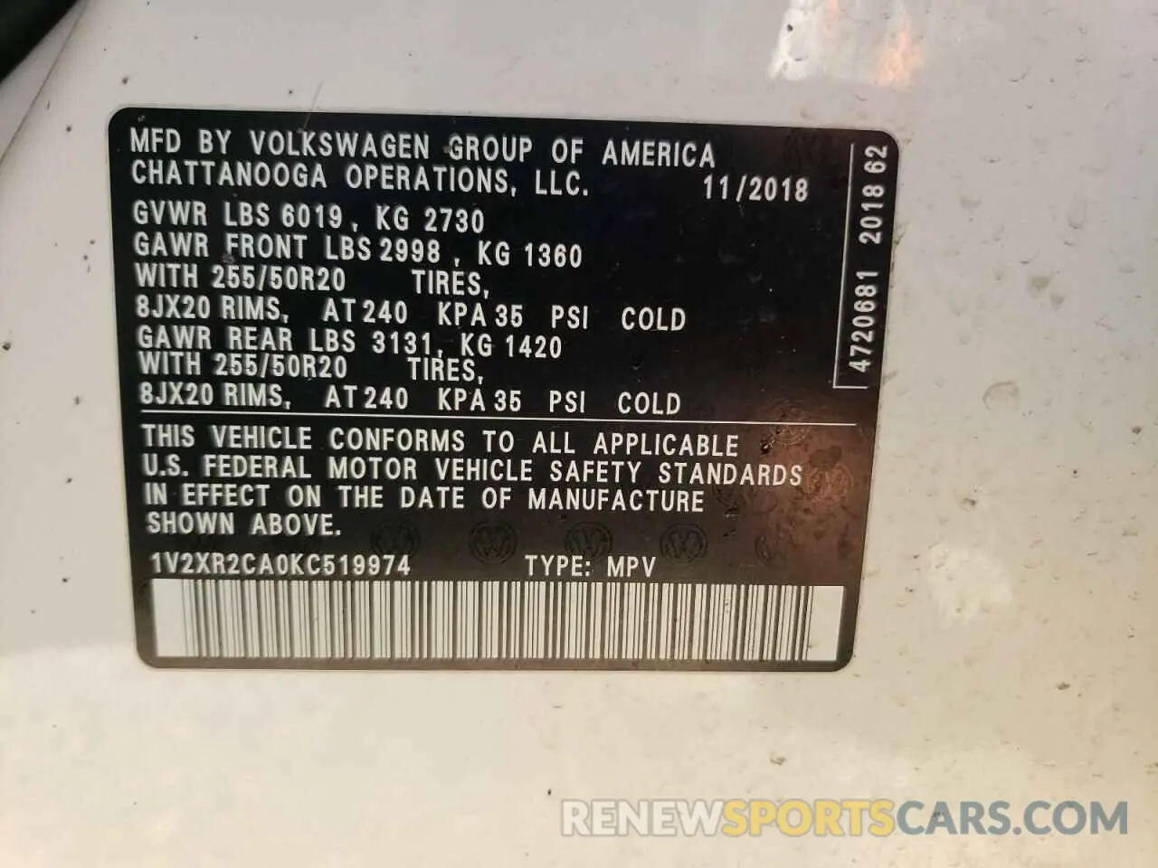 12 Фотография поврежденного автомобиля 1V2XR2CA0KC519974 VOLKSWAGEN ATLAS 2019