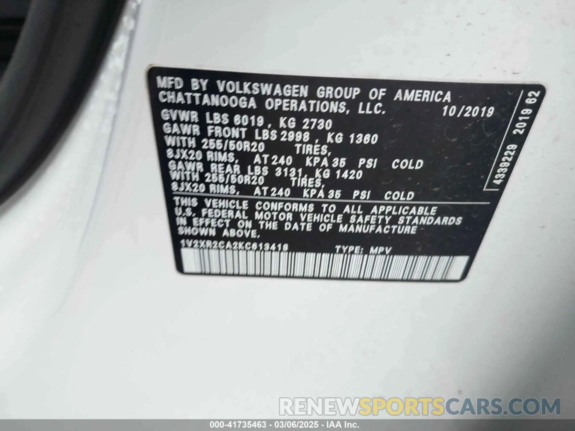 9 Фотография поврежденного автомобиля 1V2XR2CA2KC613418 VOLKSWAGEN ATLAS 2019