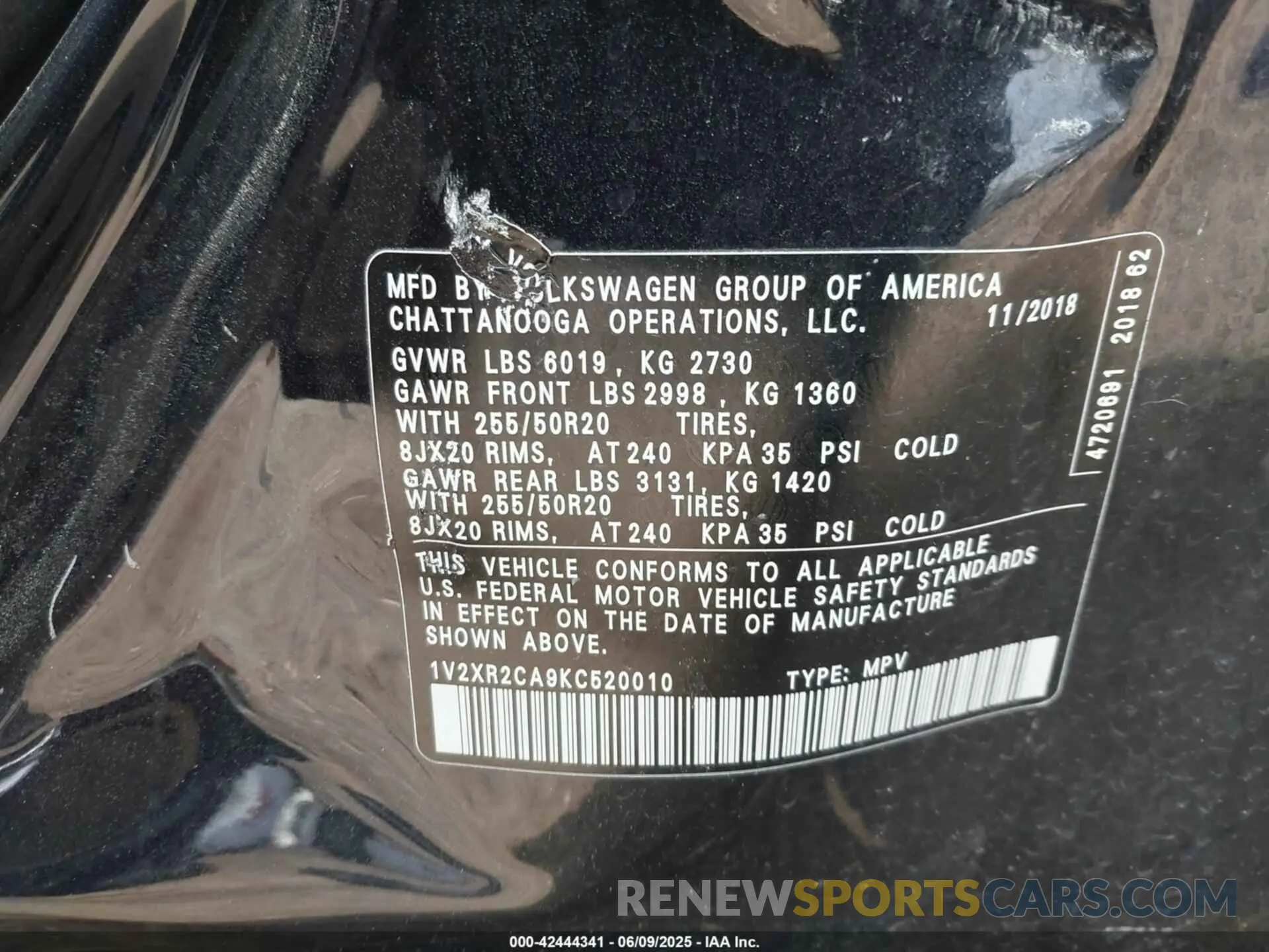 9 Фотография поврежденного автомобиля 1V2XR2CA9KC520010 VOLKSWAGEN ATLAS 2019