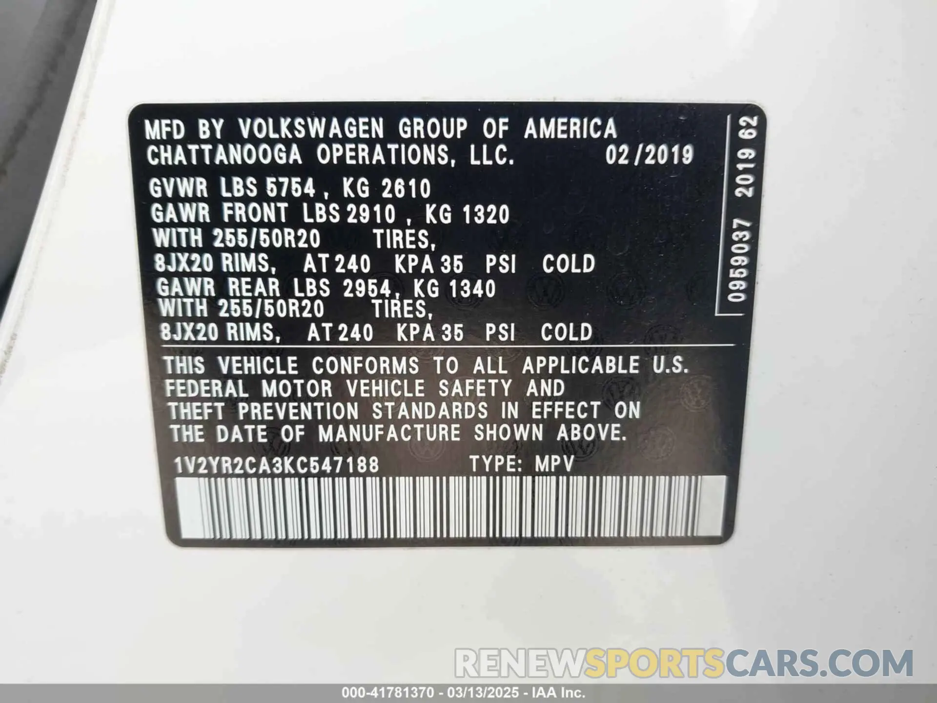 9 Фотография поврежденного автомобиля 1V2YR2CA3KC547188 VOLKSWAGEN ATLAS 2019
