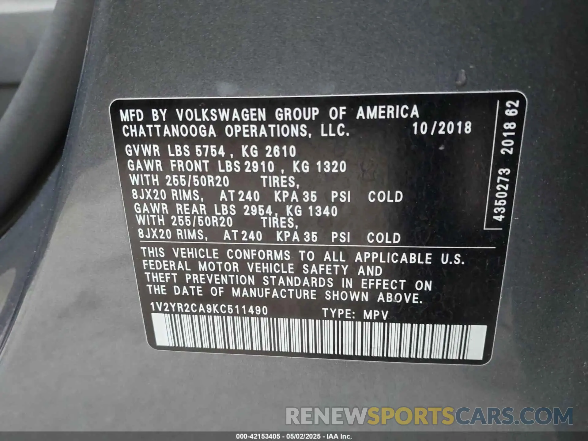 9 Фотография поврежденного автомобиля 1V2YR2CA9KC511490 VOLKSWAGEN ATLAS 2019