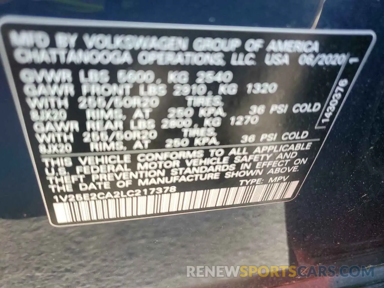 13 Photograph of a damaged car 1V25E2CA2LC217378 VOLKSWAGEN ATLAS 2020