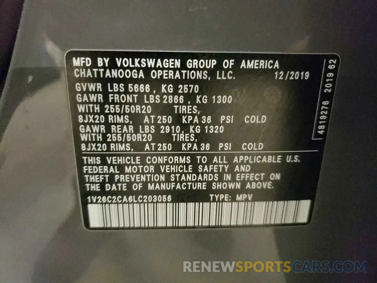 13 Фотография поврежденного автомобиля 1V26C2CA6LC203056 VOLKSWAGEN ATLAS 2020