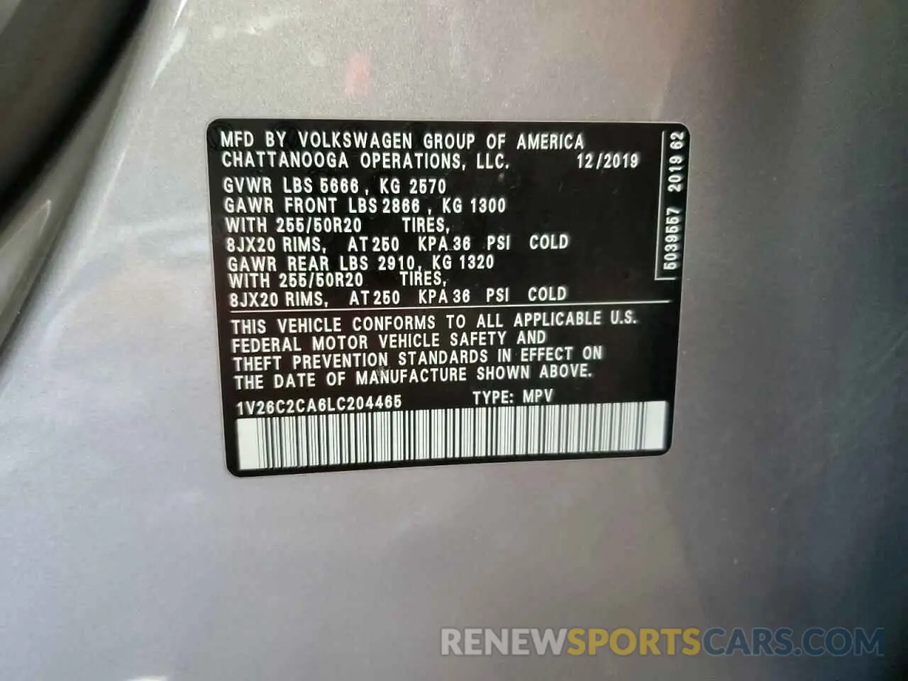 14 Photograph of a damaged car 1V26C2CA6LC204465 VOLKSWAGEN ATLAS 2020