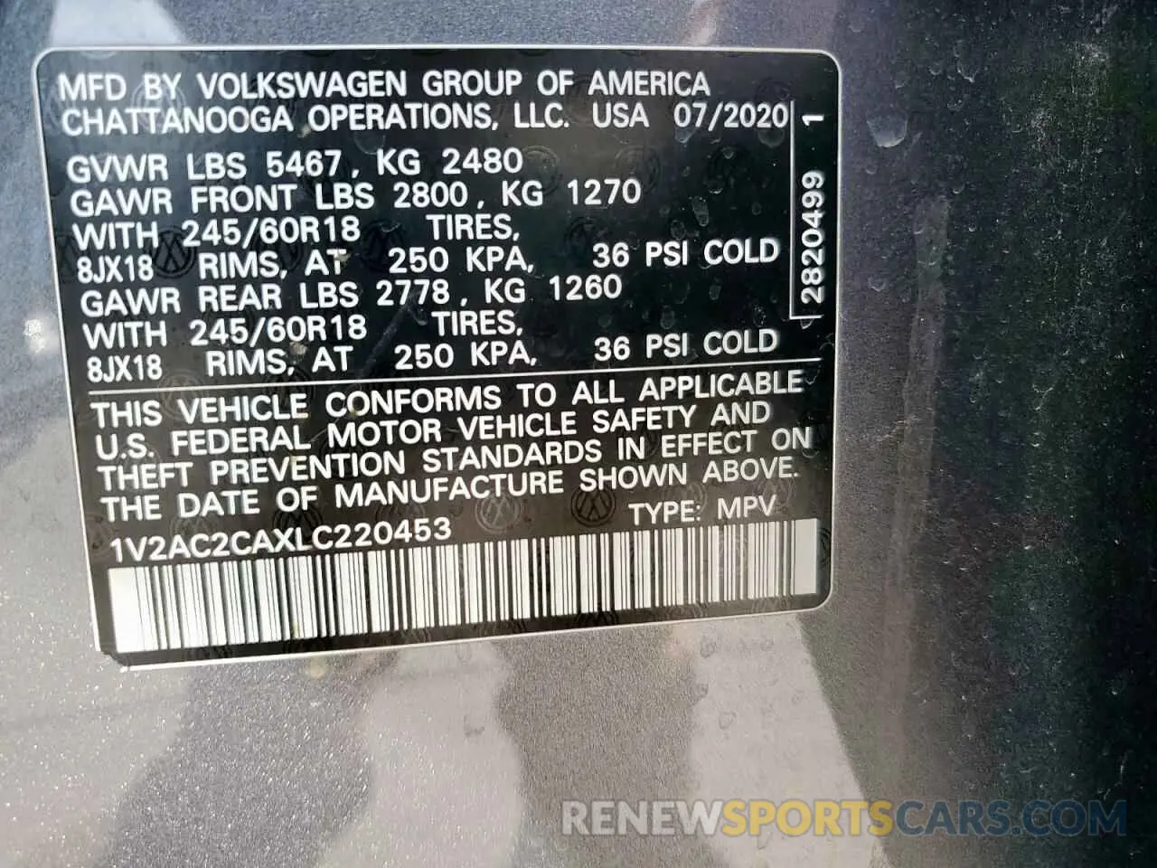14 Photograph of a damaged car 1V2AC2CAXLC220453 VOLKSWAGEN ATLAS 2020