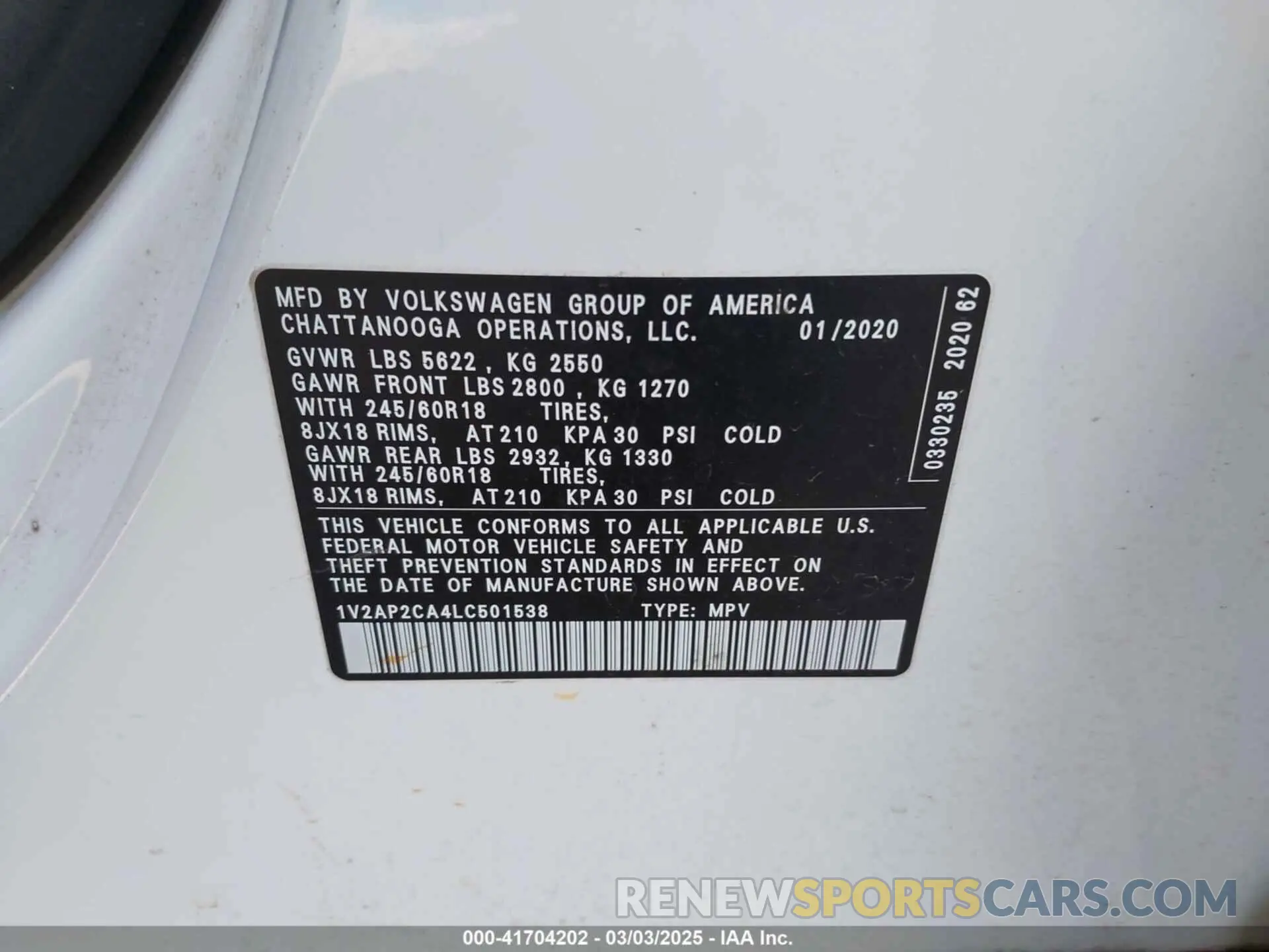 9 Фотография поврежденного автомобиля 1V2AP2CA4LC501538 VOLKSWAGEN ATLAS 2020